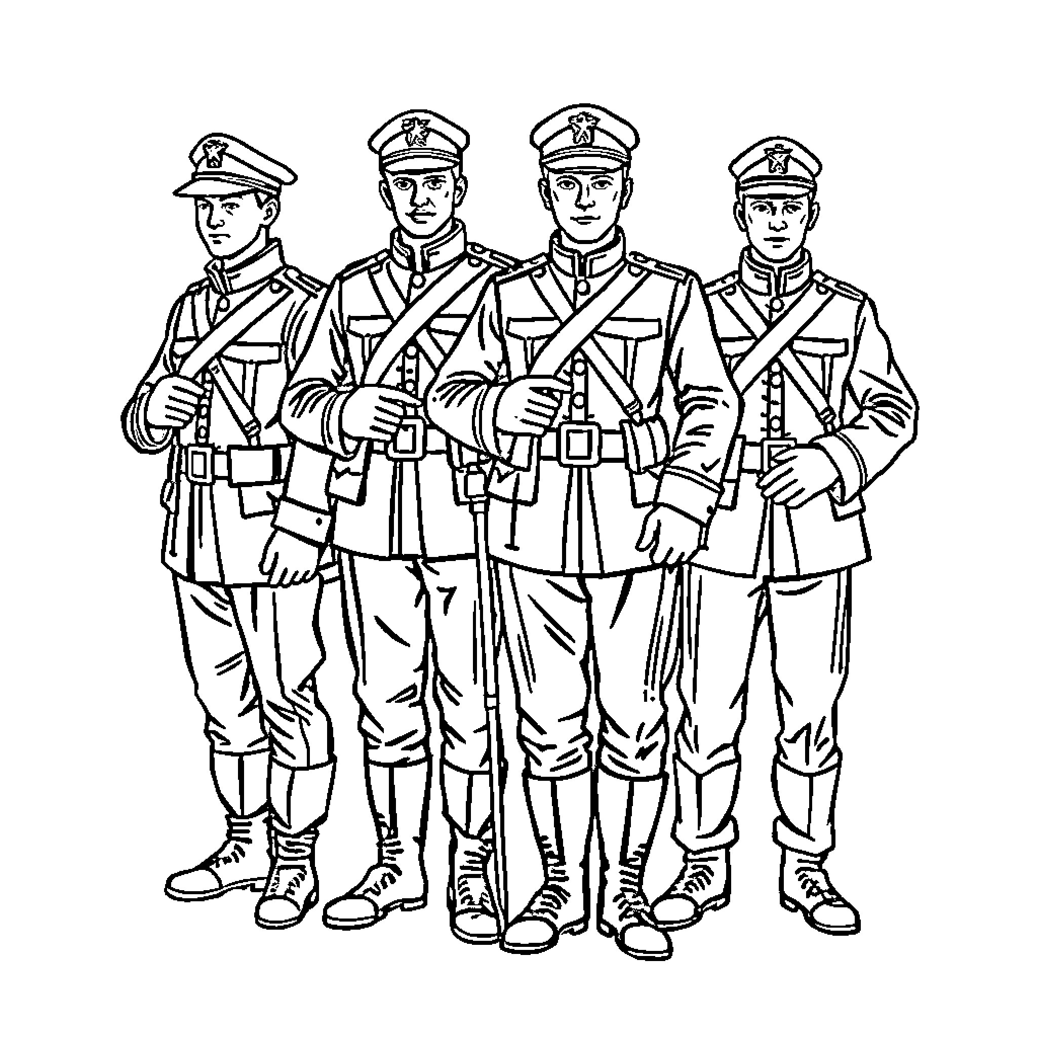 Soldier squad in uniform at attention Coloring Page (free black-and-white line drawing printable PDF for all, from beginners to advanced learners, including children, teens, adults, and seniors)