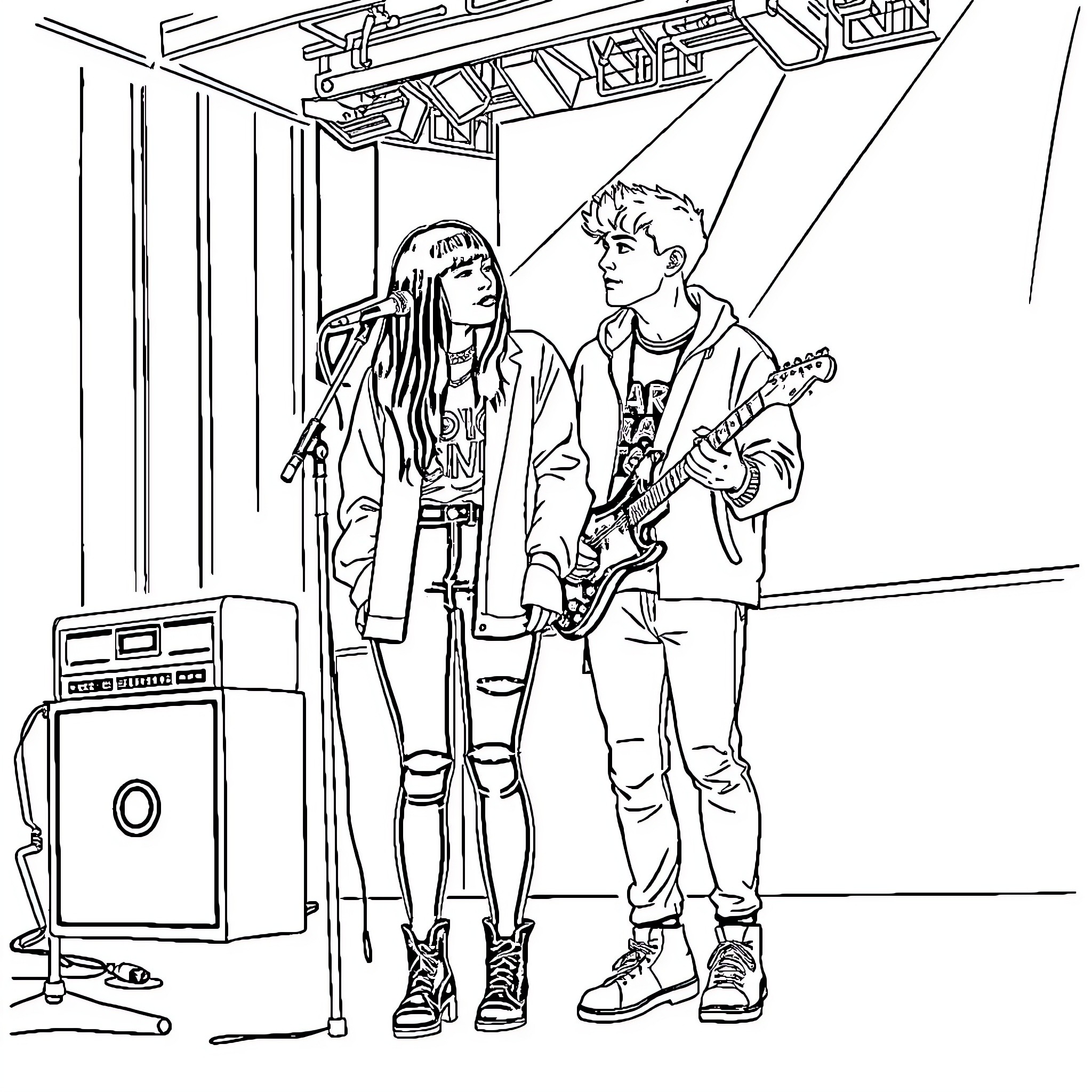 Billie Eilish and Bandmate Performing on Stage Coloring Page (free black-and-white line drawing printable PDF for all, from beginners to advanced learners, including children, teens, adults, and seniors)