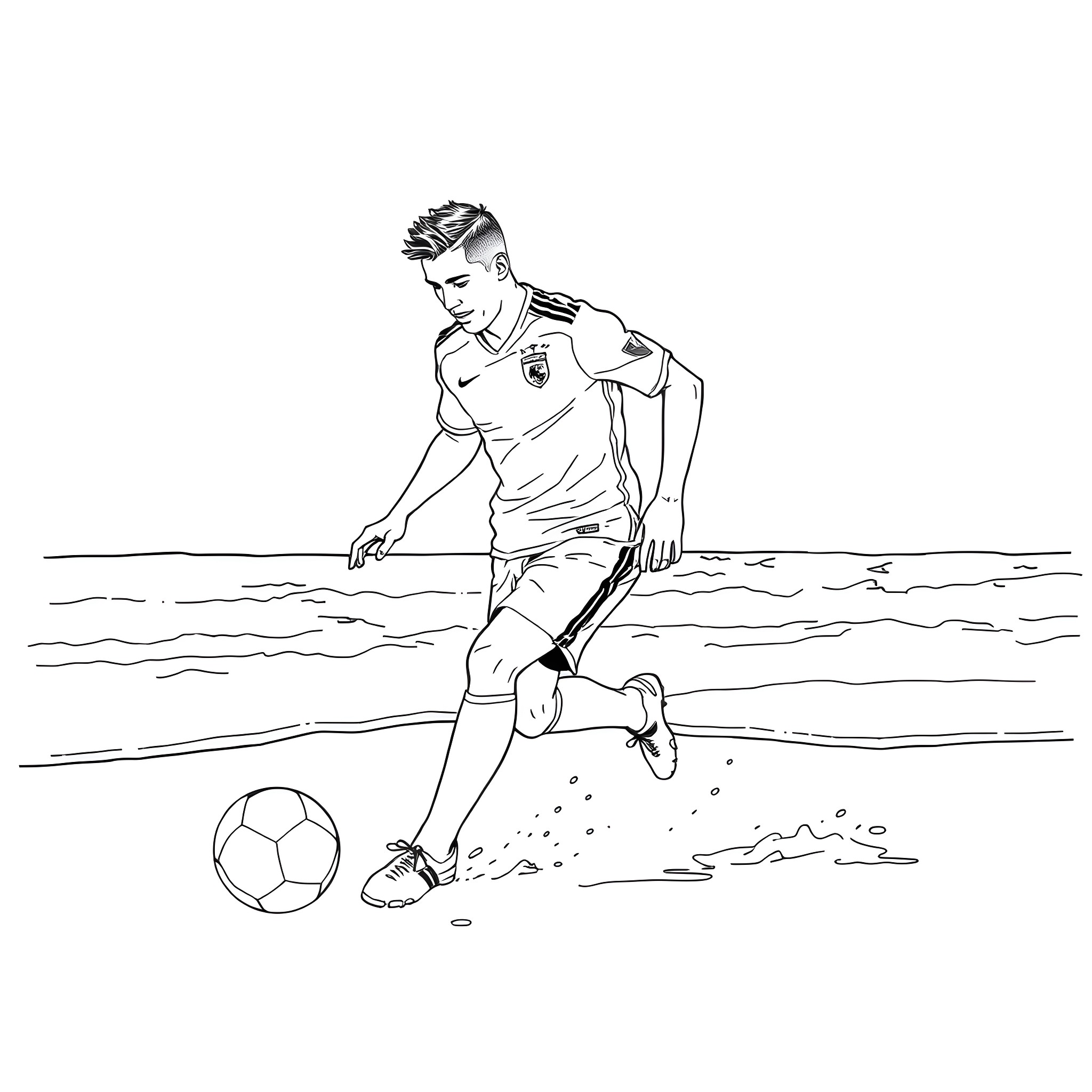 Ronaldo playing football on the beach Coloring Page (free black-and-white line drawing printable PDF for all, from beginners to advanced learners, including children, teens, adults, and seniors)