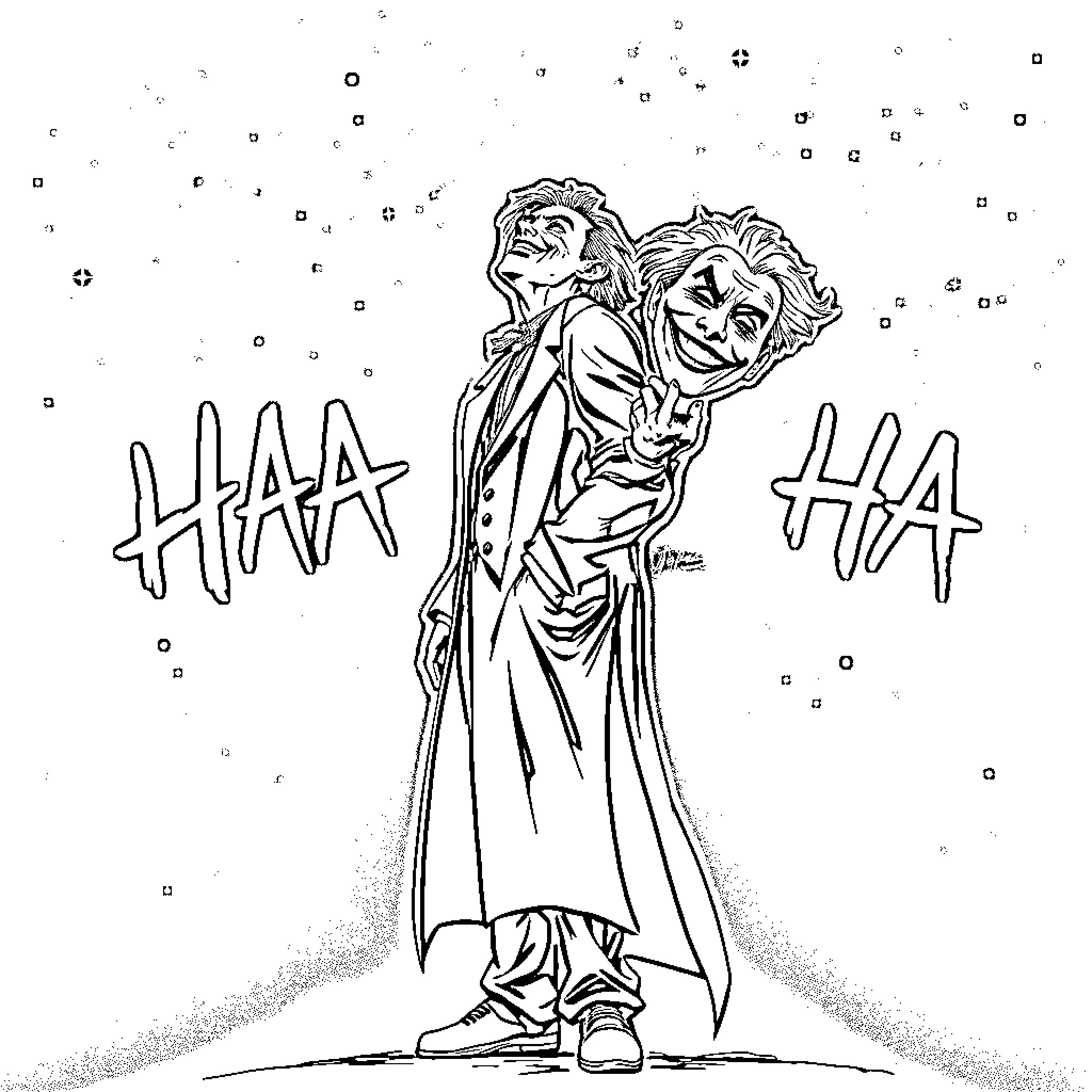 Joker laughing maniacally with sinister expression Coloring Page (free black-and-white line drawing printable PDF for all, from beginners to advanced learners, including children, teens, adults, and seniors)
