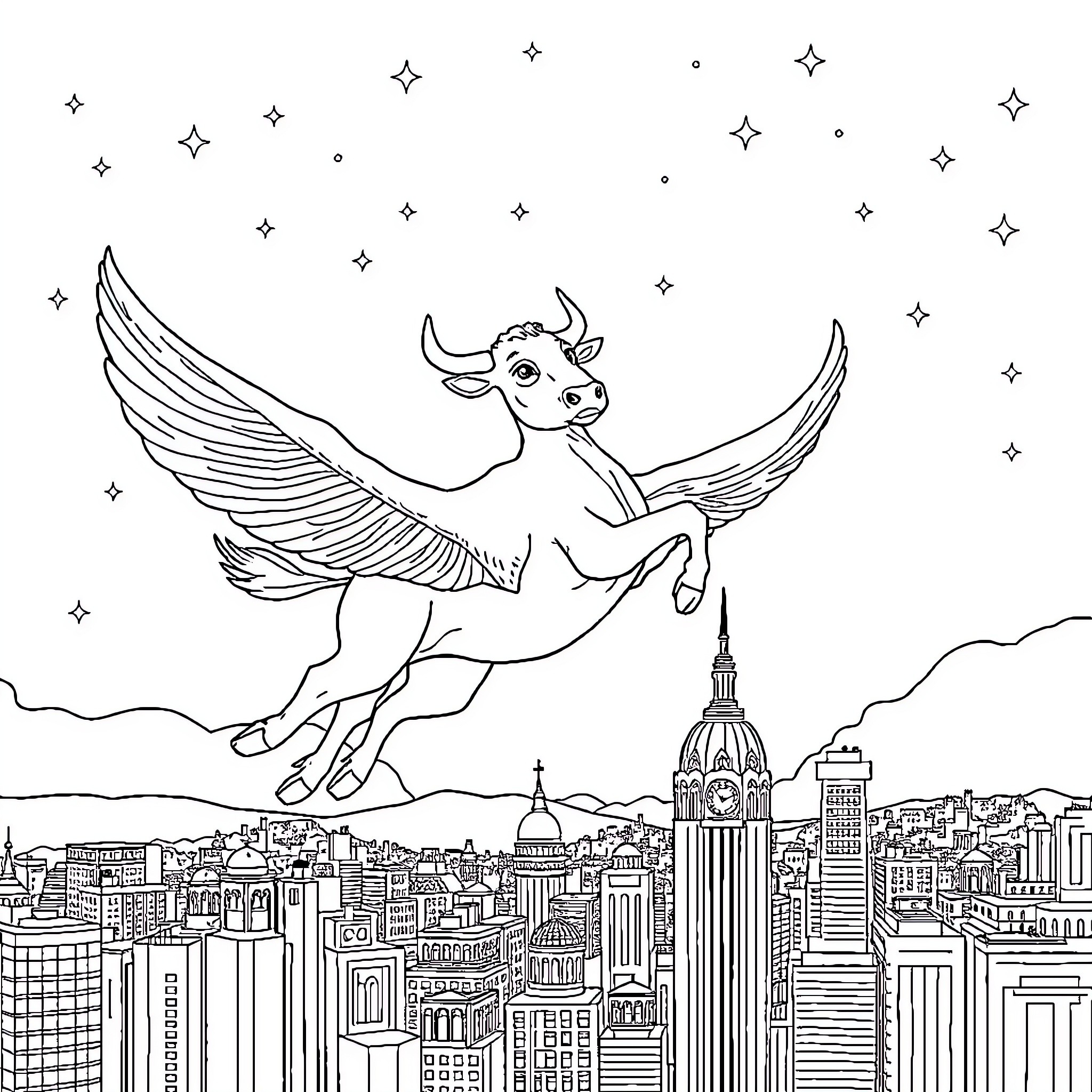 Vaca soaring over cityscape with wings Coloring Page (free black-and-white line drawing printable PDF for all, from beginners to advanced learners, including children, teens, adults, and seniors)