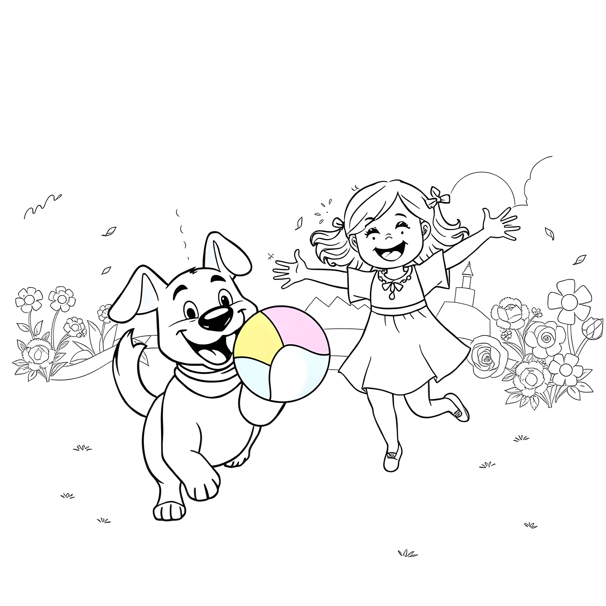 Dog and girl playing with ball in the garden Coloring Page (free black-and-white line drawing printable PDF for all, from beginners to advanced learners, including children, teens, adults, and seniors)