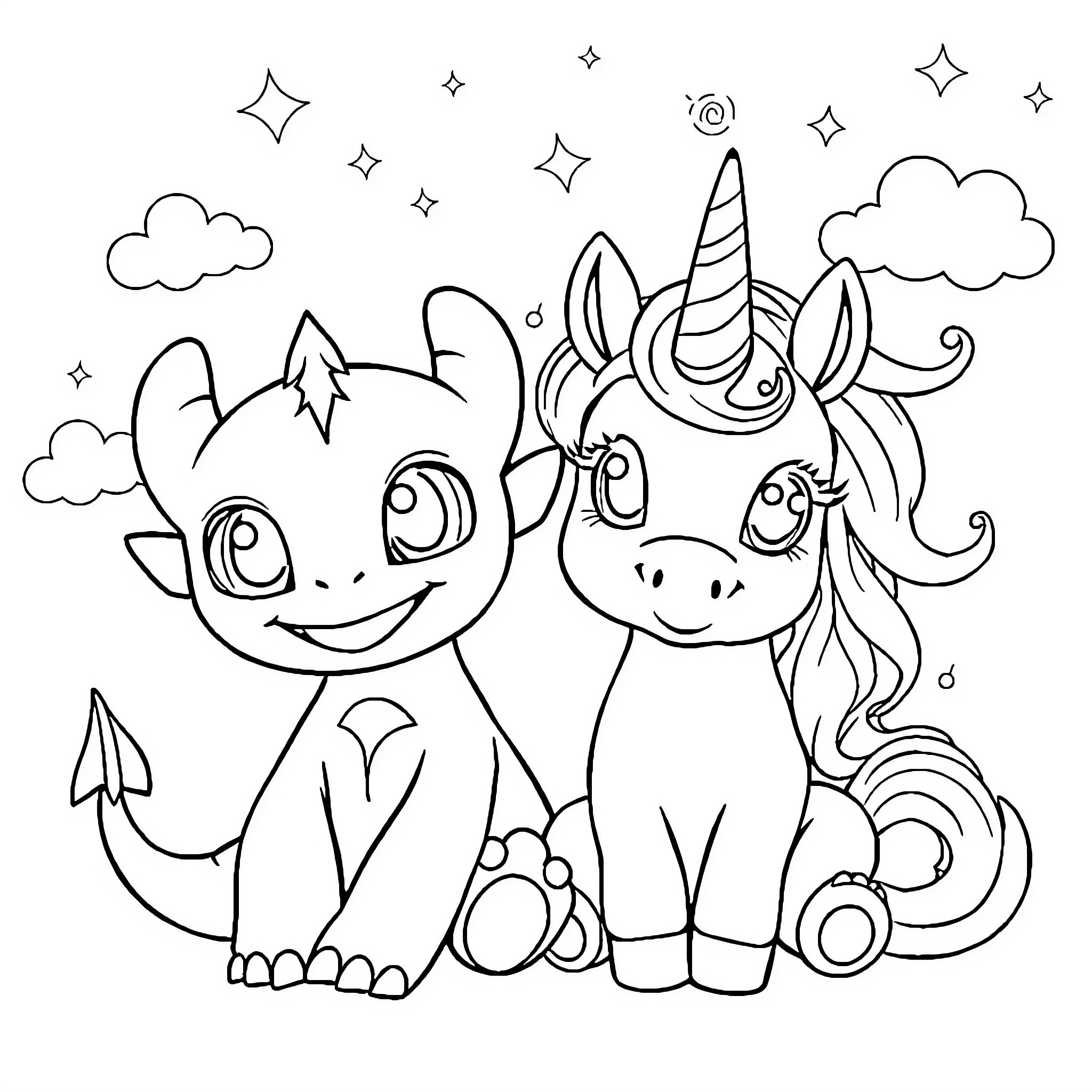 Toothless fantasy creatures playing in the clouds Coloring Page (free black-and-white line drawing printable PDF for all, from beginners to advanced learners, including children, teens, adults, and seniors)