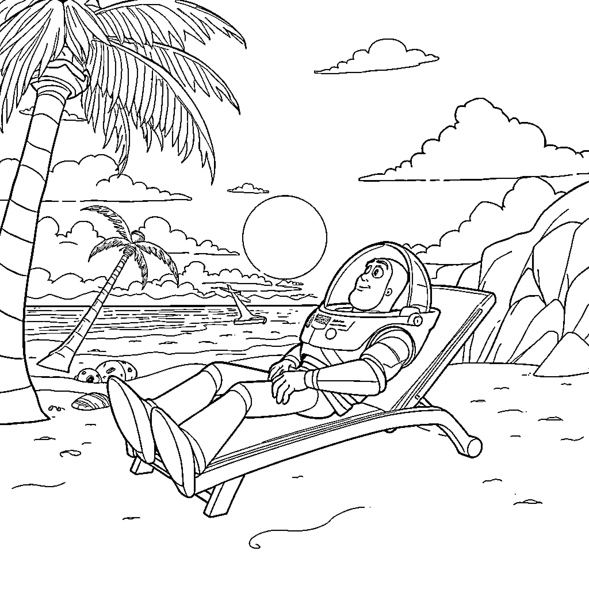 Buzz Lightyear relaxing on a tropical beach Coloring Page (free black-and-white line drawing printable PDF for all, from beginners to advanced learners, including children, teens, adults, and seniors)
