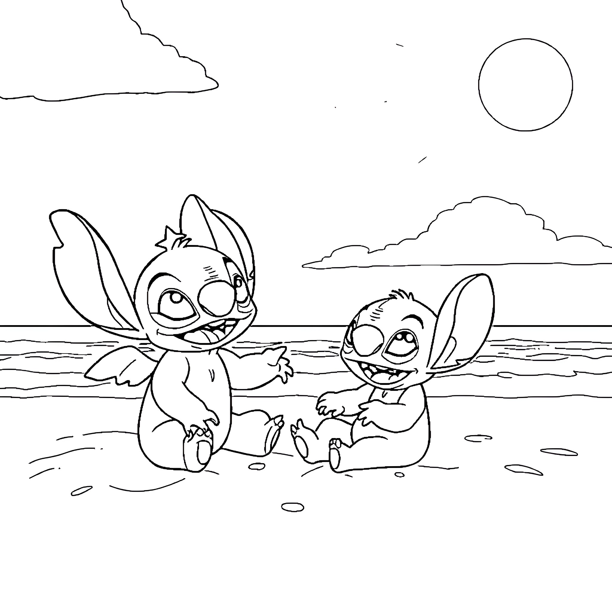Angel Stitch and Angel Experiment 626 Enjoying the Beach Coloring Page (free black-and-white line drawing printable PDF for all, from beginners to advanced learners, including children, teens, adults, and seniors)