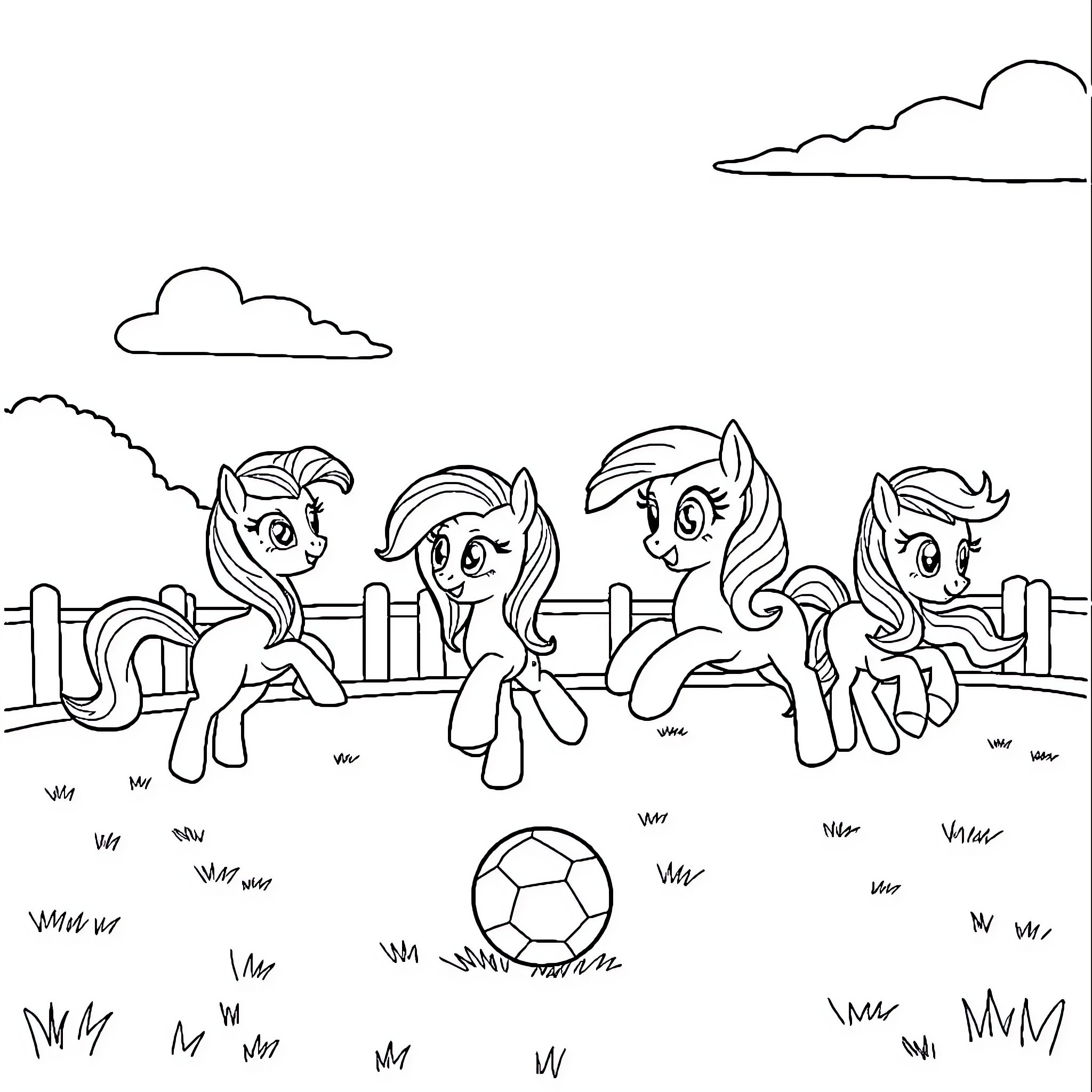 Pony friends playing soccer in the park Coloring Page (free black-and-white line drawing printable PDF for all, from beginners to advanced learners, including children, teens, adults, and seniors)