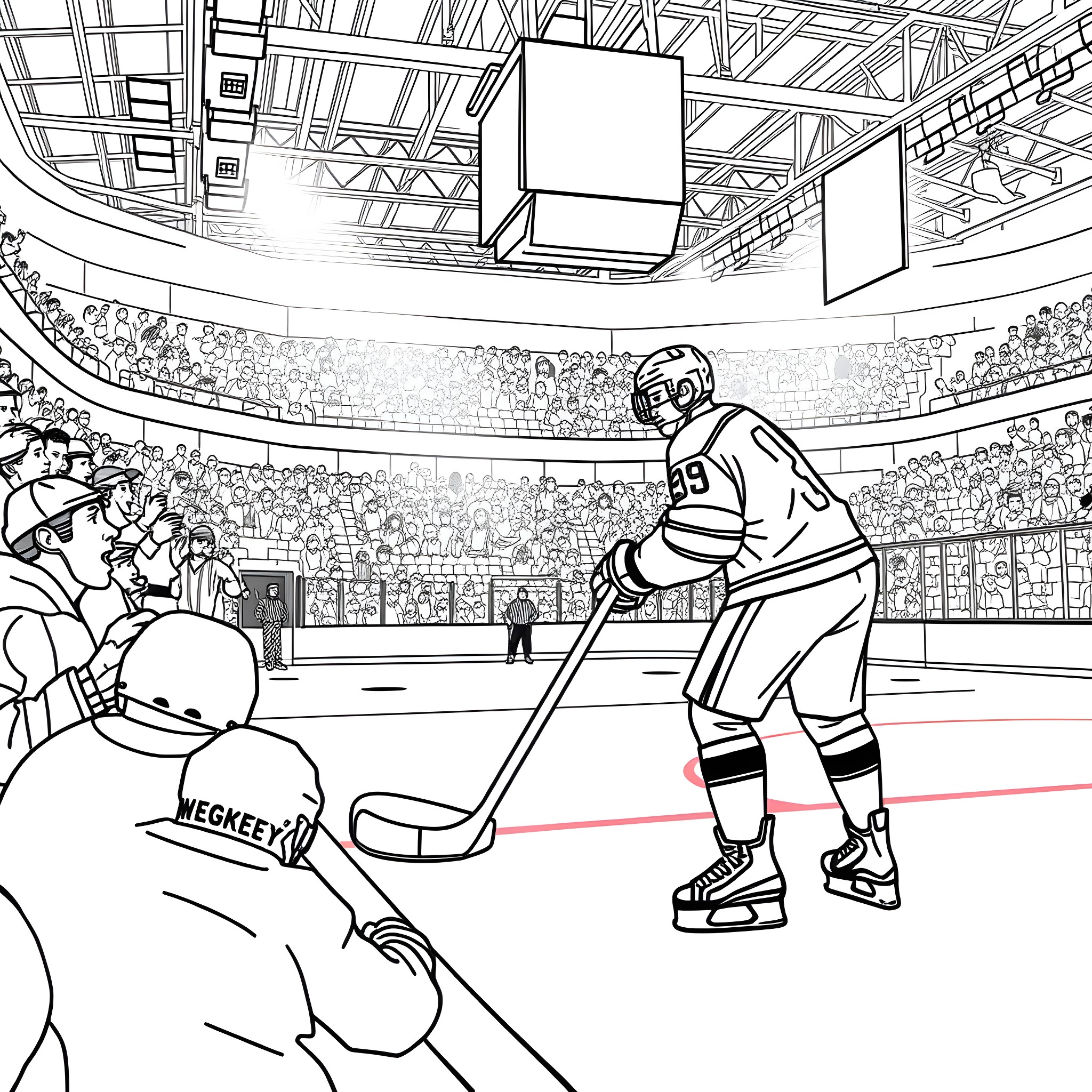 Hockey Player in Action on the Ice Rink Coloring Page (free black-and-white line drawing printable PDF for all, from beginners to advanced learners, including children, teens, adults, and seniors)