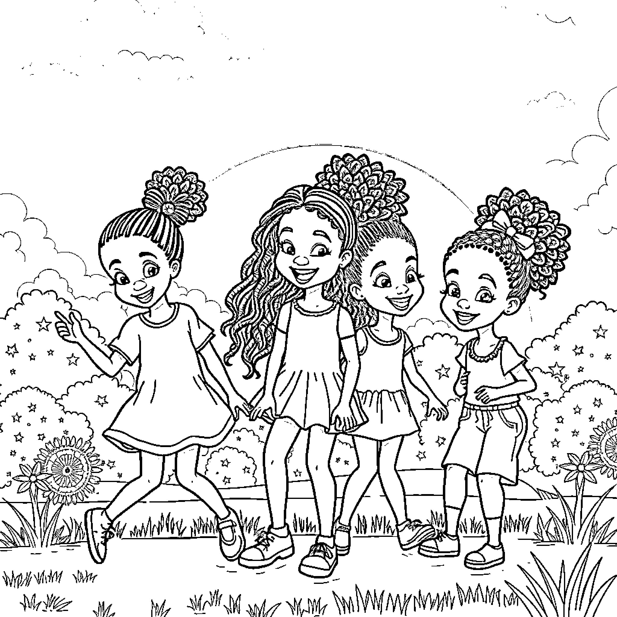 Girls playing together in the garden Coloring Page (free black-and-white line drawing printable PDF for all, from beginners to advanced learners, including children, teens, adults, and seniors)