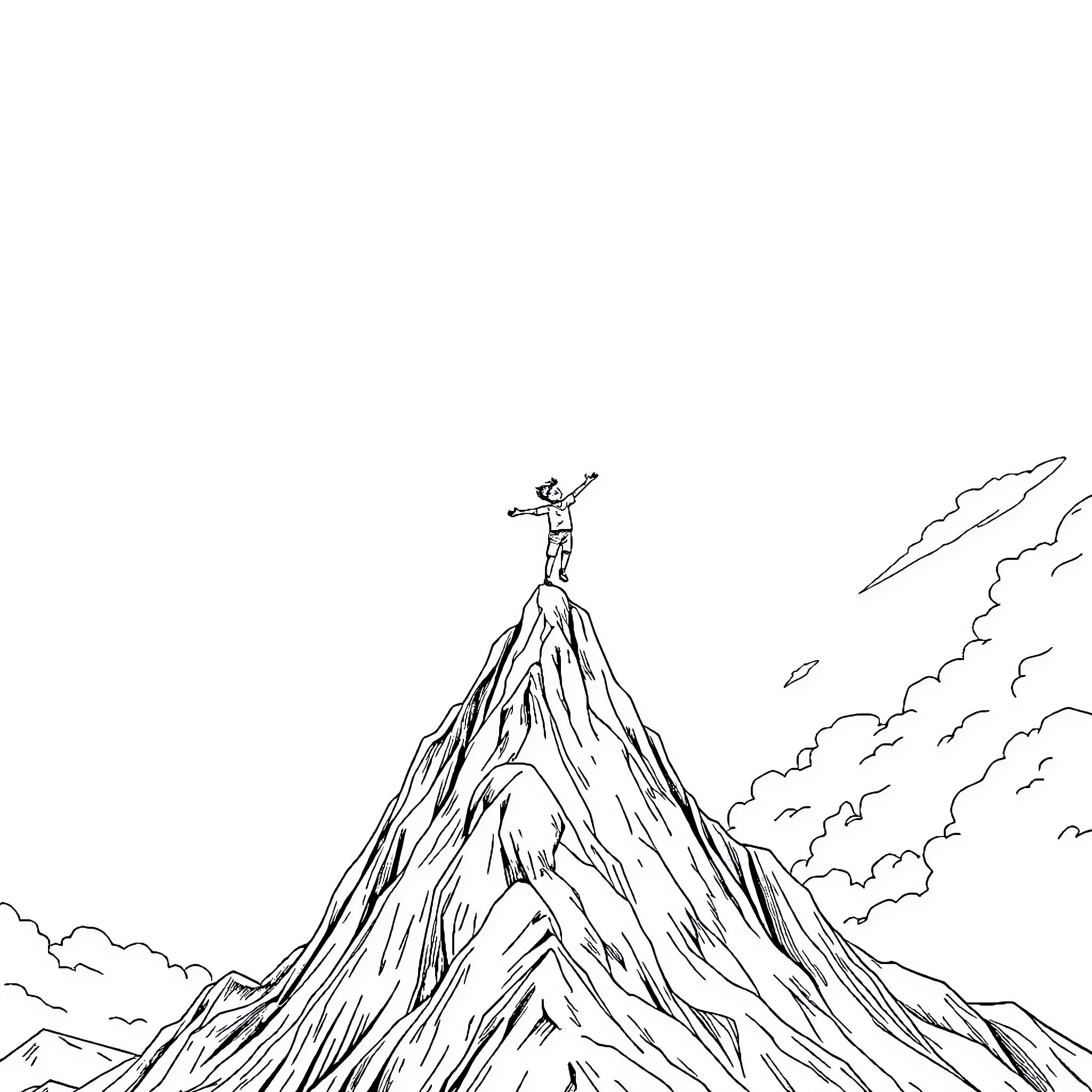 Boy standing atop a tall, rugged mountain Coloring Page (free black-and-white line drawing printable PDF for all, from beginners to advanced learners, including children, teens, adults, and seniors)