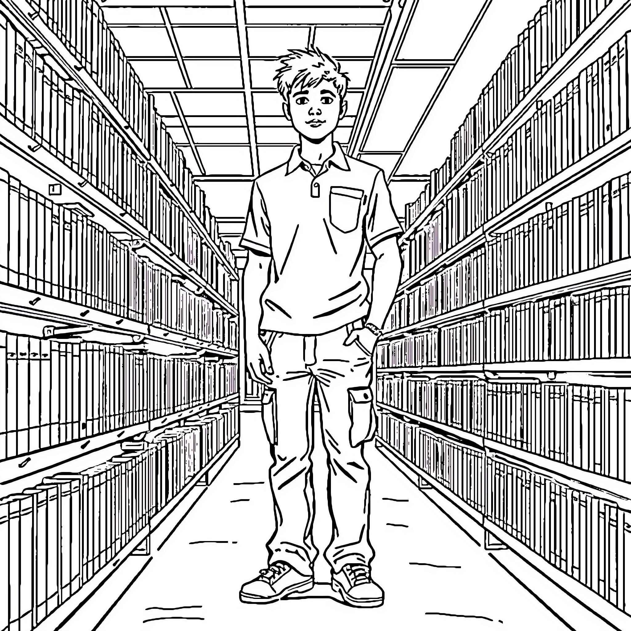 Employee exploring library bookshelves Coloring Page (free black-and-white line drawing printable PDF for all, from beginners to advanced learners, including children, teens, adults, and seniors)