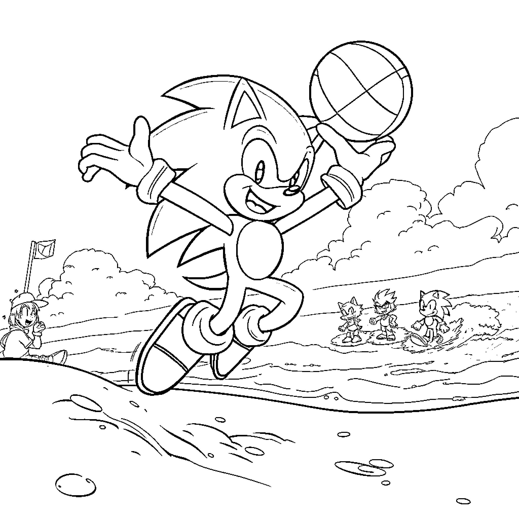 Sonic dashing through a scenic landscape Coloring Page (free black-and-white line drawing printable PDF for all, from beginners to advanced learners, including children, teens, adults, and seniors)