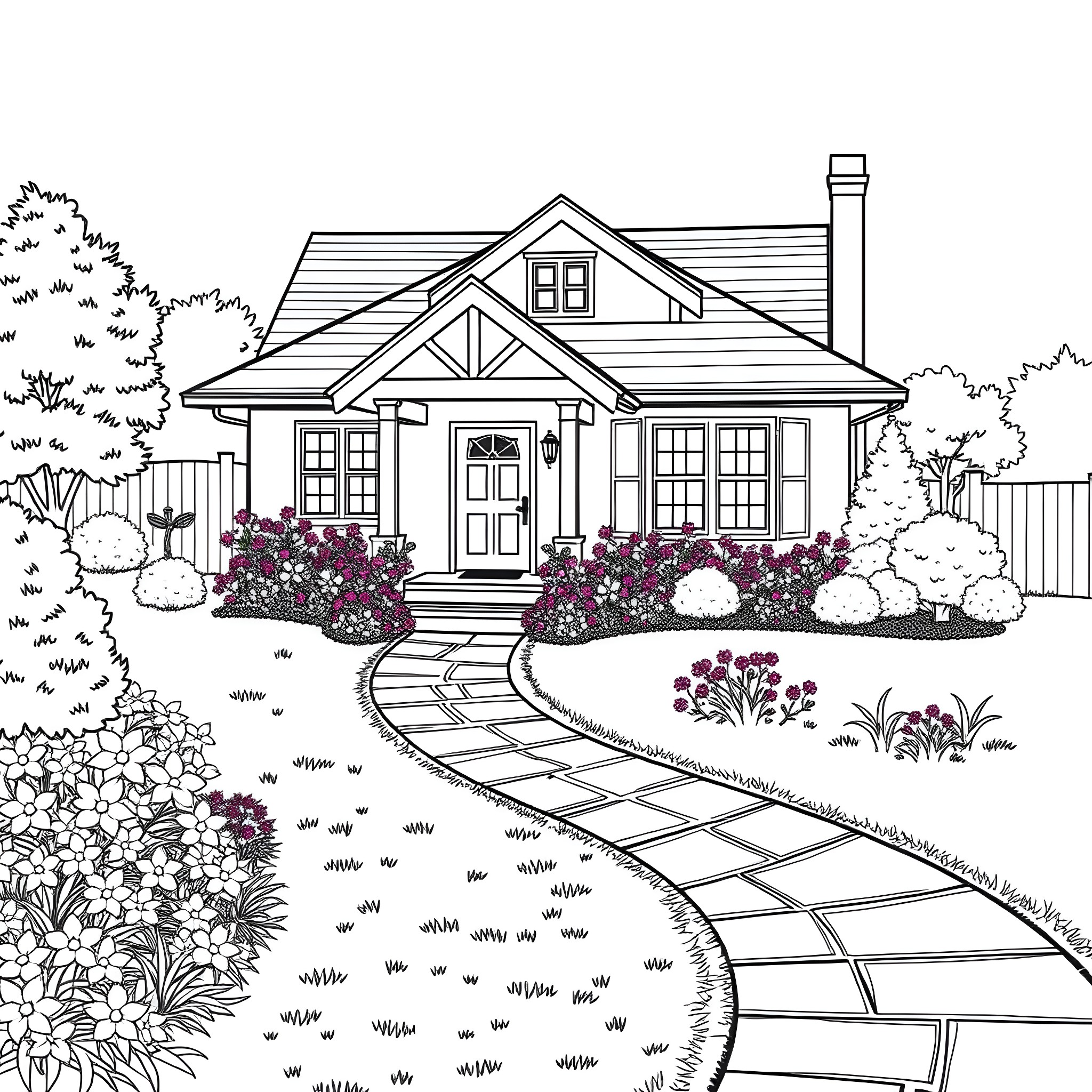 Bungalow with Blooming Flowers and Inviting Porch Coloring Page (free black-and-white line drawing printable PDF for all, from beginners to advanced learners, including children, teens, adults, and seniors)