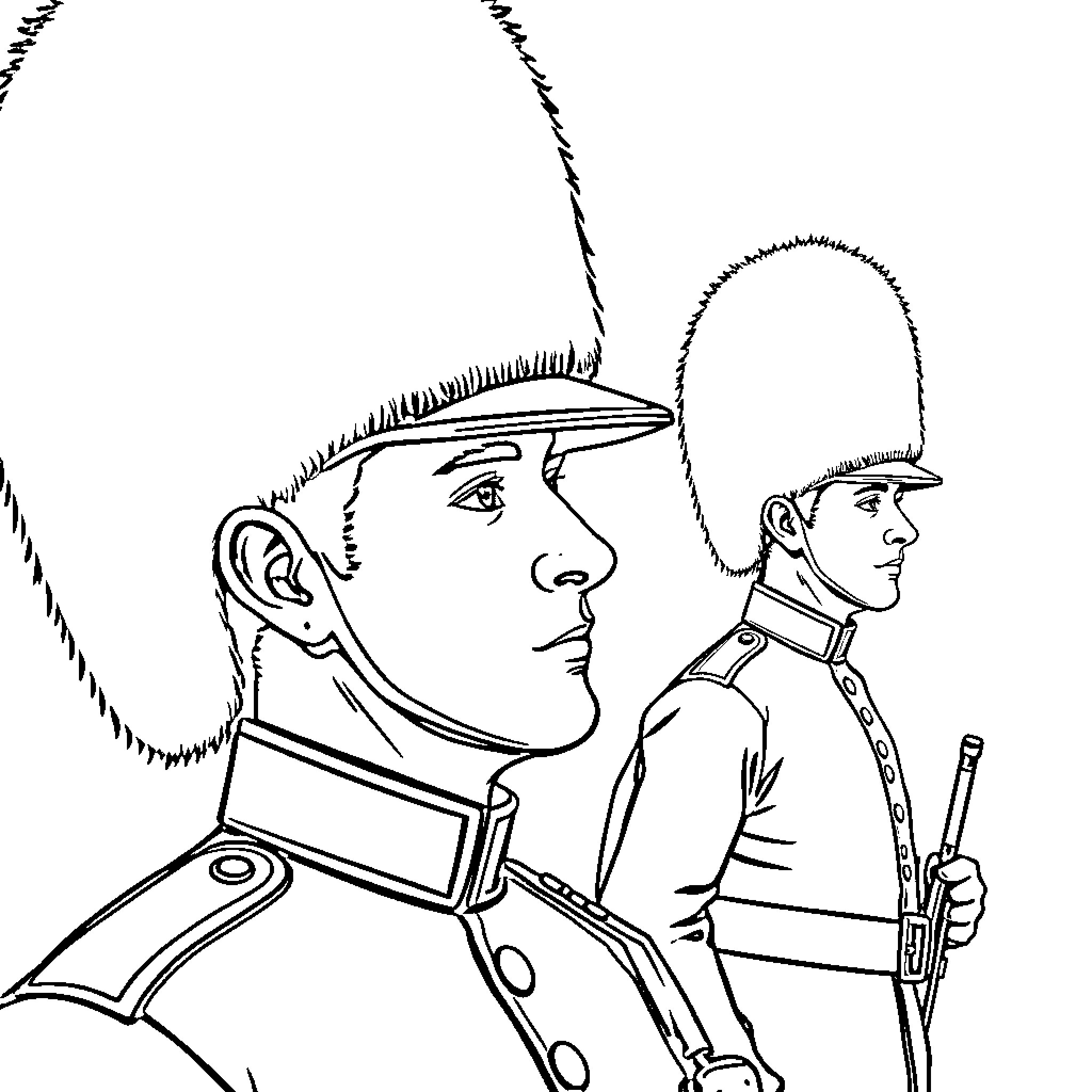 Guardian soldiers in uniform standing at attention Coloring Page (free black-and-white line drawing printable PDF for all, from beginners to advanced learners, including children, teens, adults, and seniors)