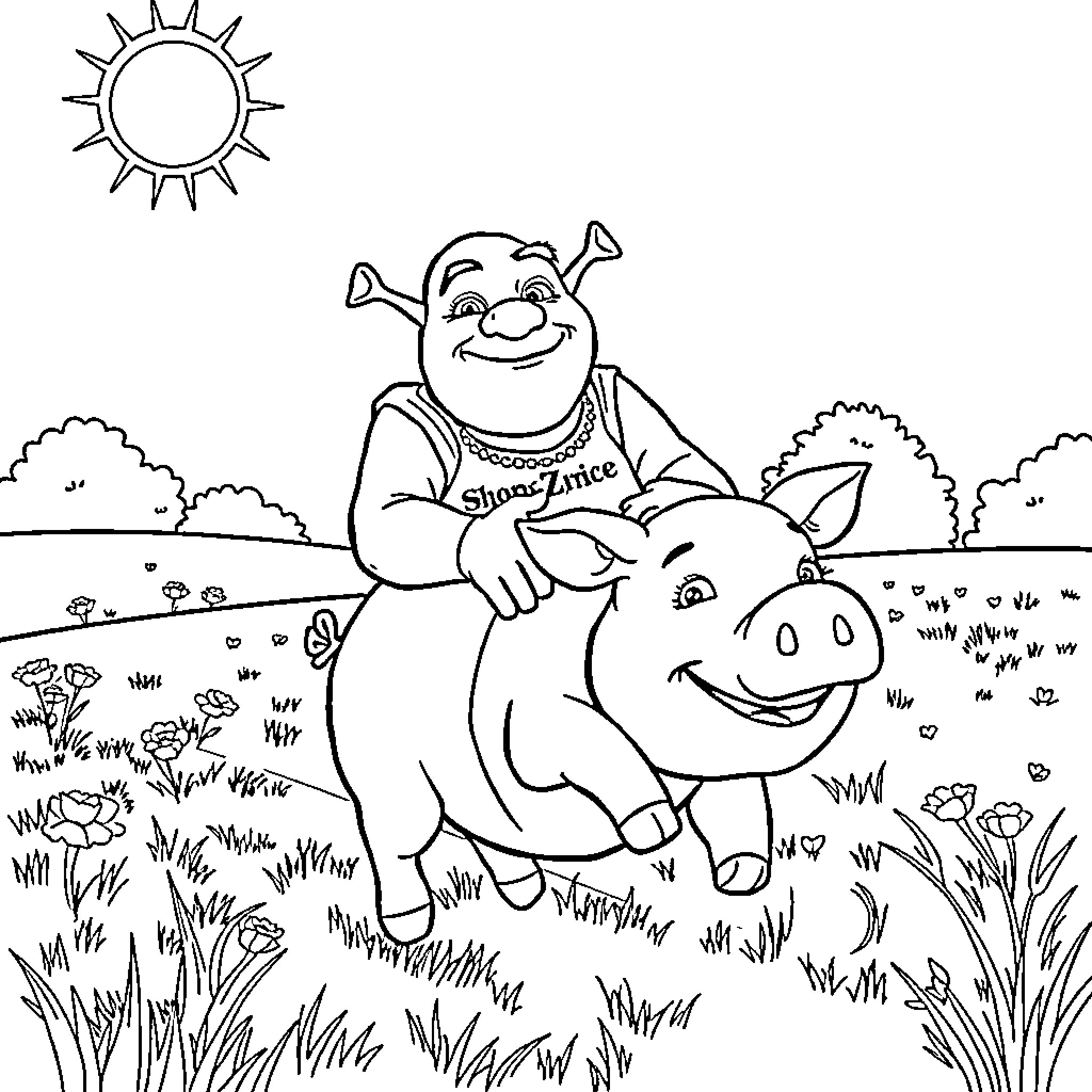 Shrek enjoying a ride on a cheerful pig Coloring Page (free black-and-white line drawing printable PDF for all, from beginners to advanced learners, including children, teens, adults, and seniors)