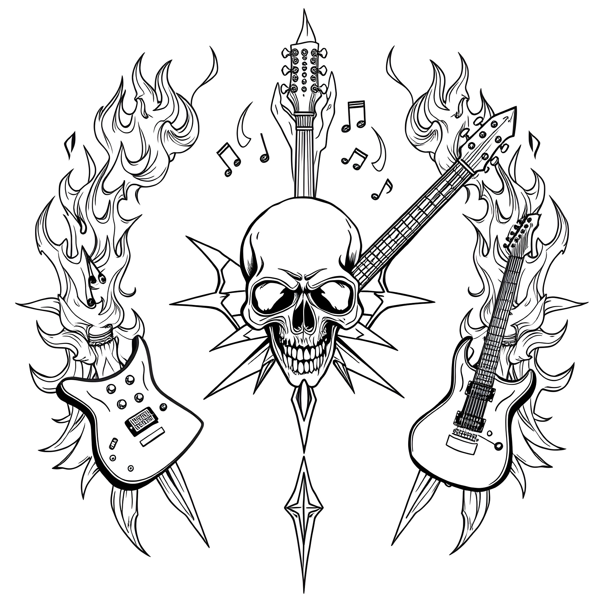 Heavy Metal Skull with Flaming Guitars Coloring Page (free black-and-white line drawing printable PDF for all, from beginners to advanced learners, including children, teens, adults, and seniors)