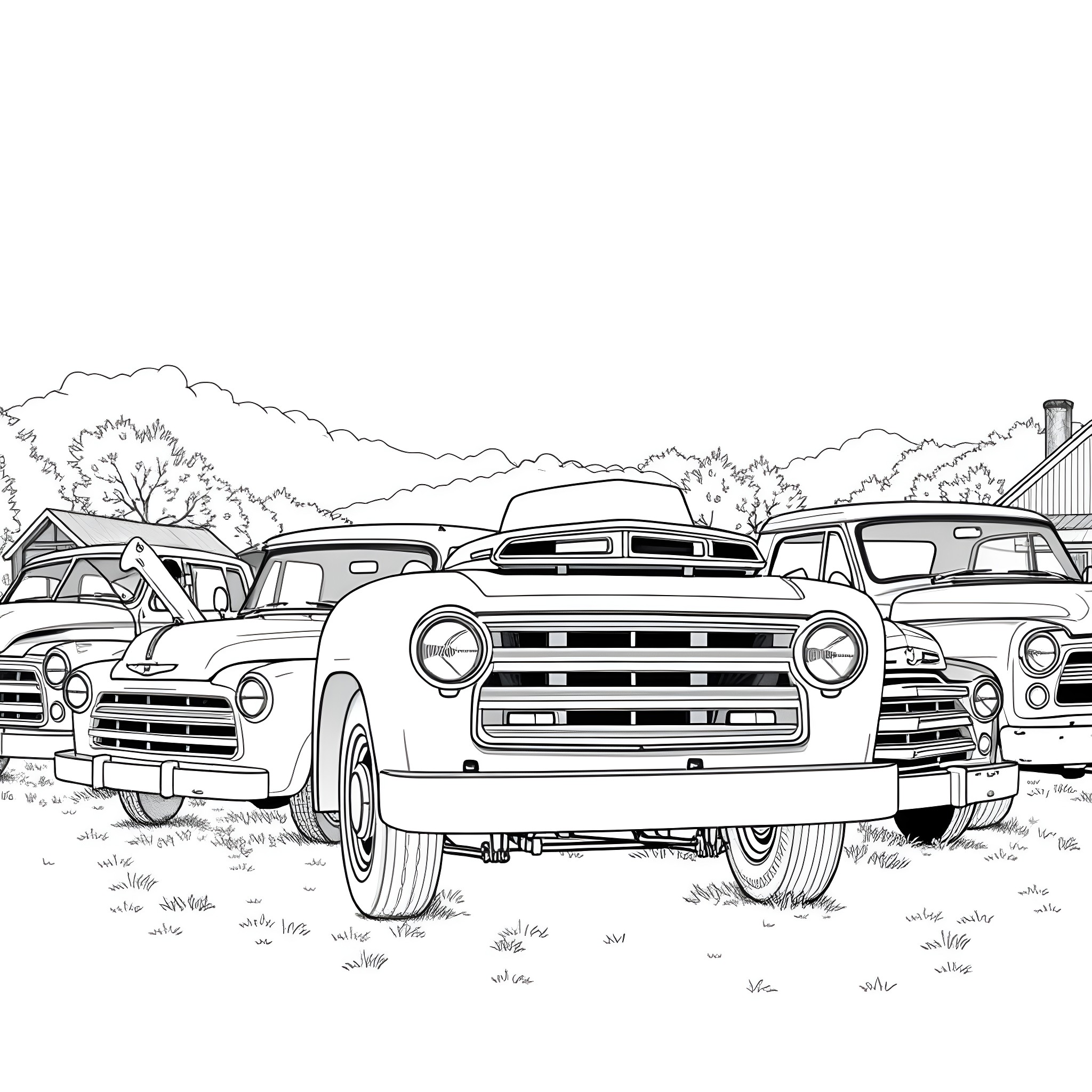 Pickup Truck gathered in the countryside Coloring Page (free black-and-white line drawing printable PDF for all, from beginners to advanced learners, including children, teens, adults, and seniors)