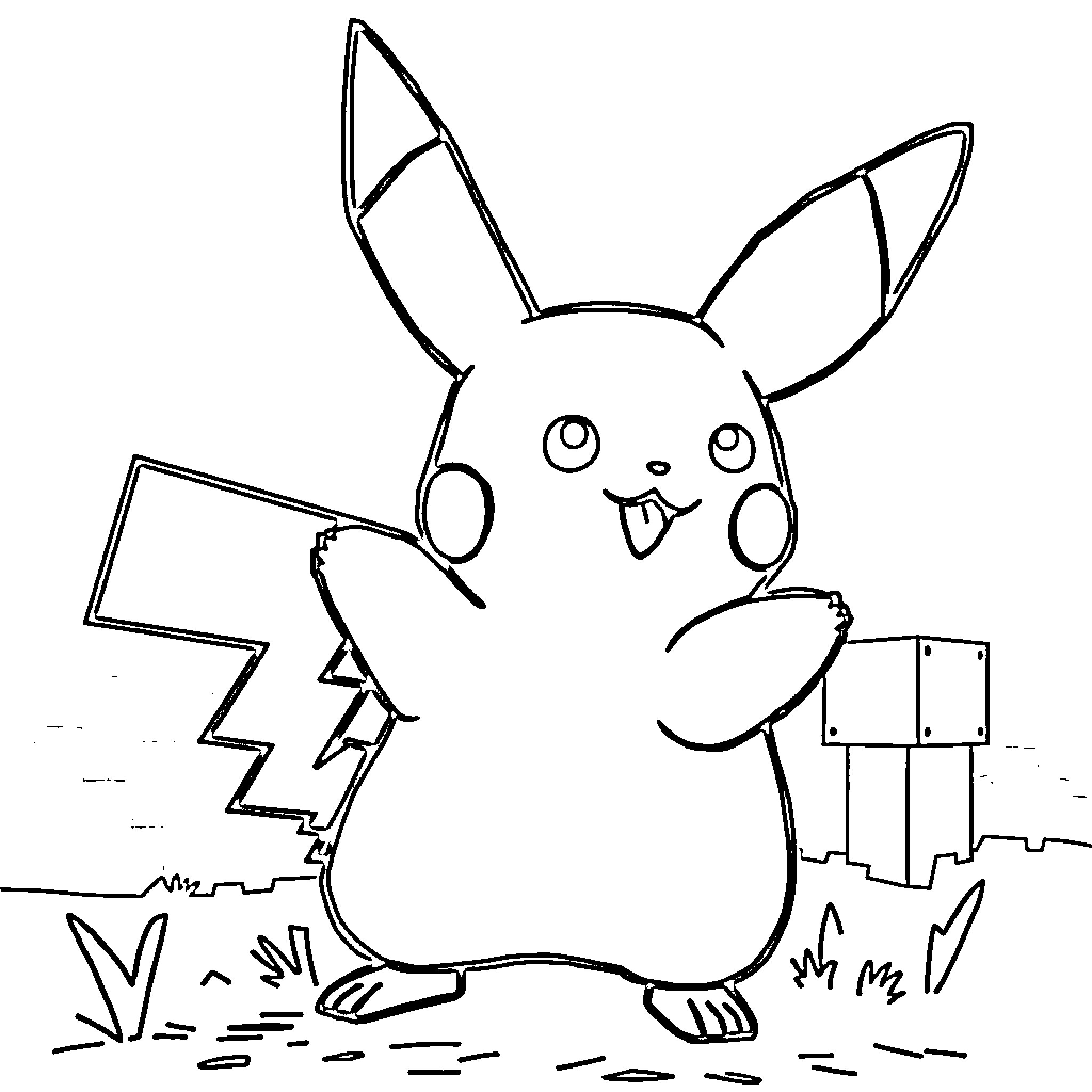 Pikachu happily posing in a sketch-like environment Coloring Page (free black-and-white line drawing printable PDF for all, from beginners to advanced learners, including children, teens, adults, and seniors)