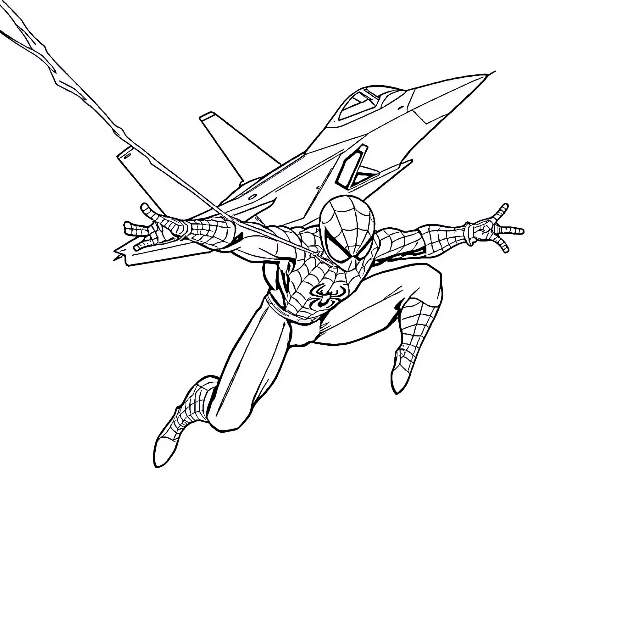 Spider-Man swinging with a jet fighter Coloring Page (free black-and-white line drawing printable PDF for all, from beginners to advanced learners, including children, teens, adults, and seniors)