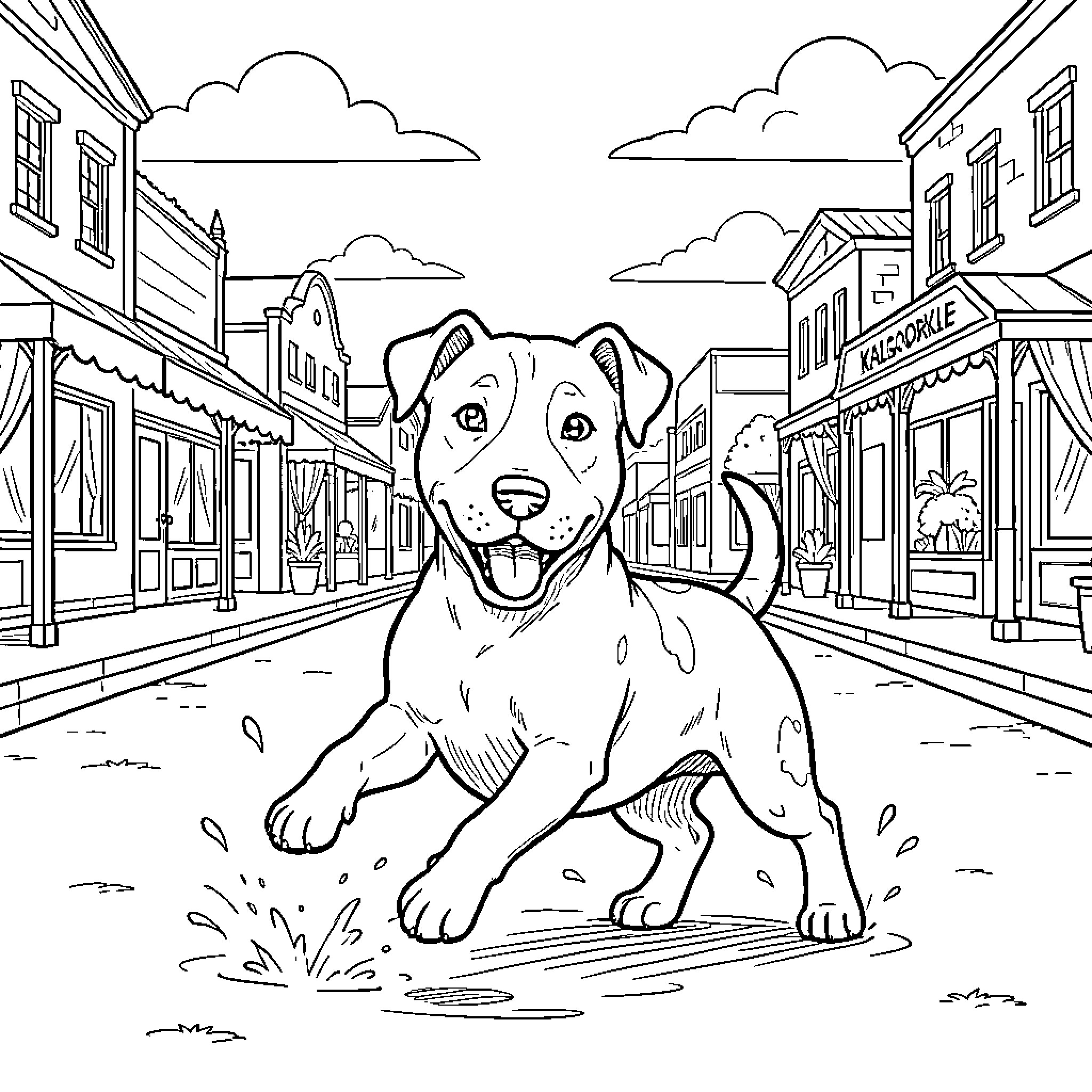 Bull Terrier Exploring Charming Small Town Coloring Page (free black-and-white line drawing printable PDF for all, from beginners to advanced learners, including children, teens, adults, and seniors)