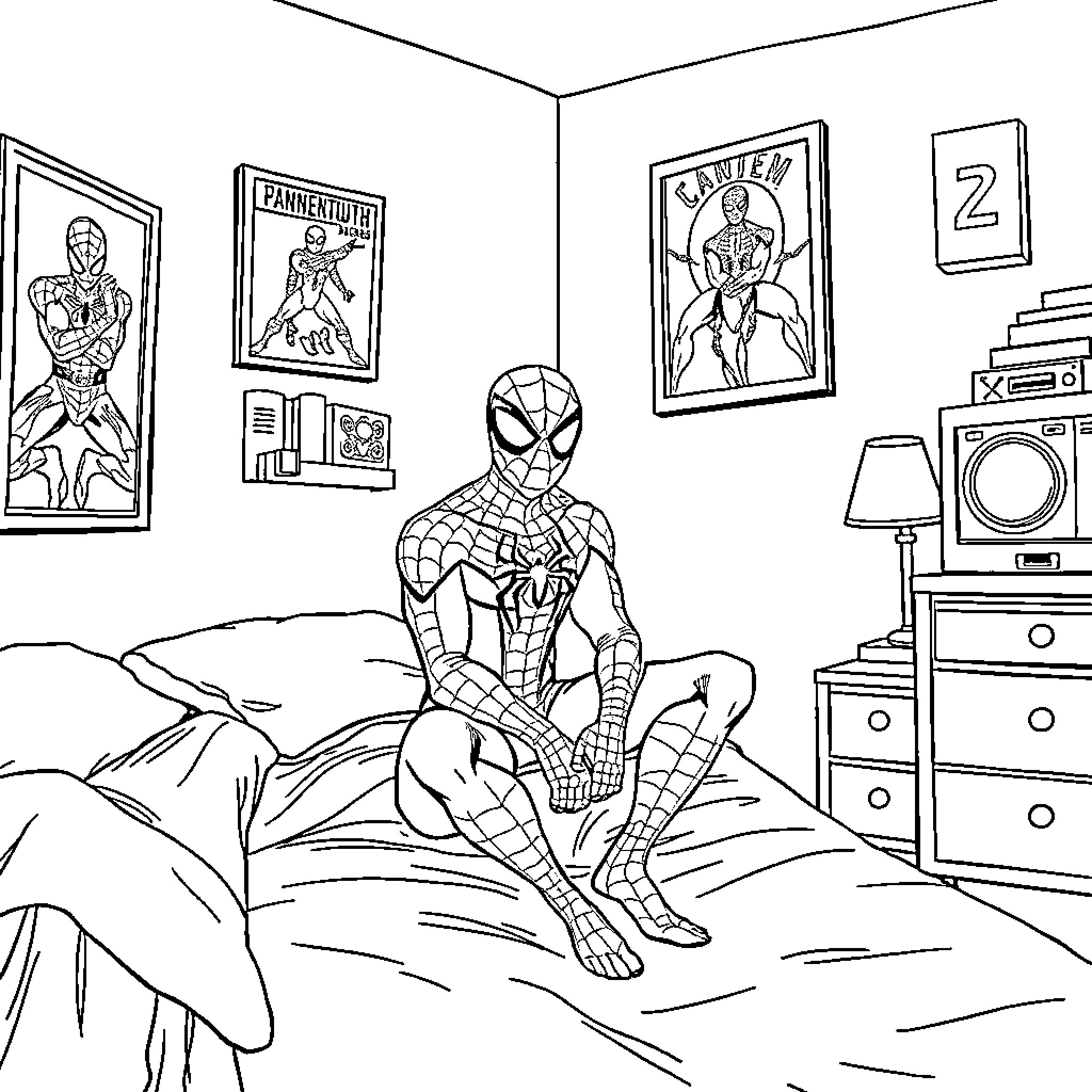 Spiderman sitting pensively on a bed in a bedroom Coloring Page (free black-and-white line drawing printable PDF for all, from beginners to advanced learners, including children, teens, adults, and seniors)