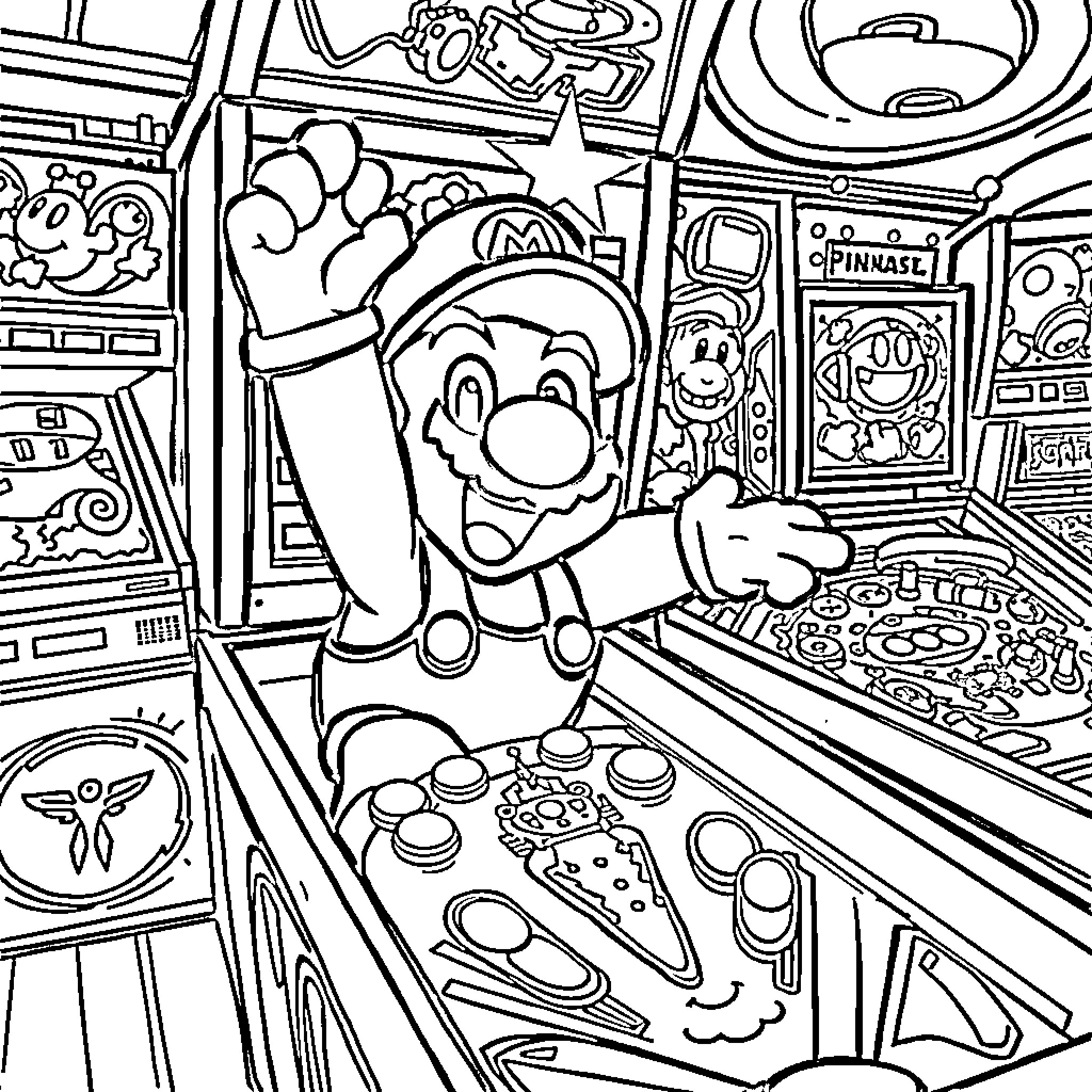 Super Mario's Arcade Adventure Coloring Page (free black-and-white line drawing printable PDF for all, from beginners to advanced learners, including children, teens, adults, and seniors)