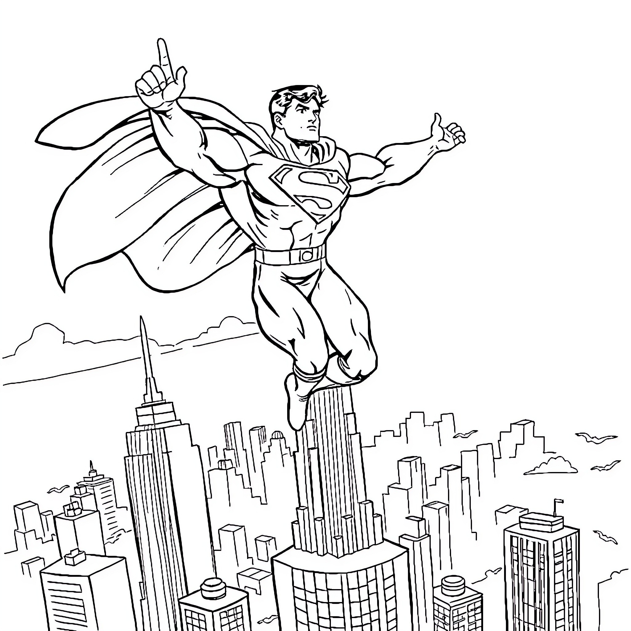 Superman Soaring Over City Skyline Coloring Page (free black-and-white line drawing printable PDF for all, from beginners to advanced learners, including children, teens, adults, and seniors)