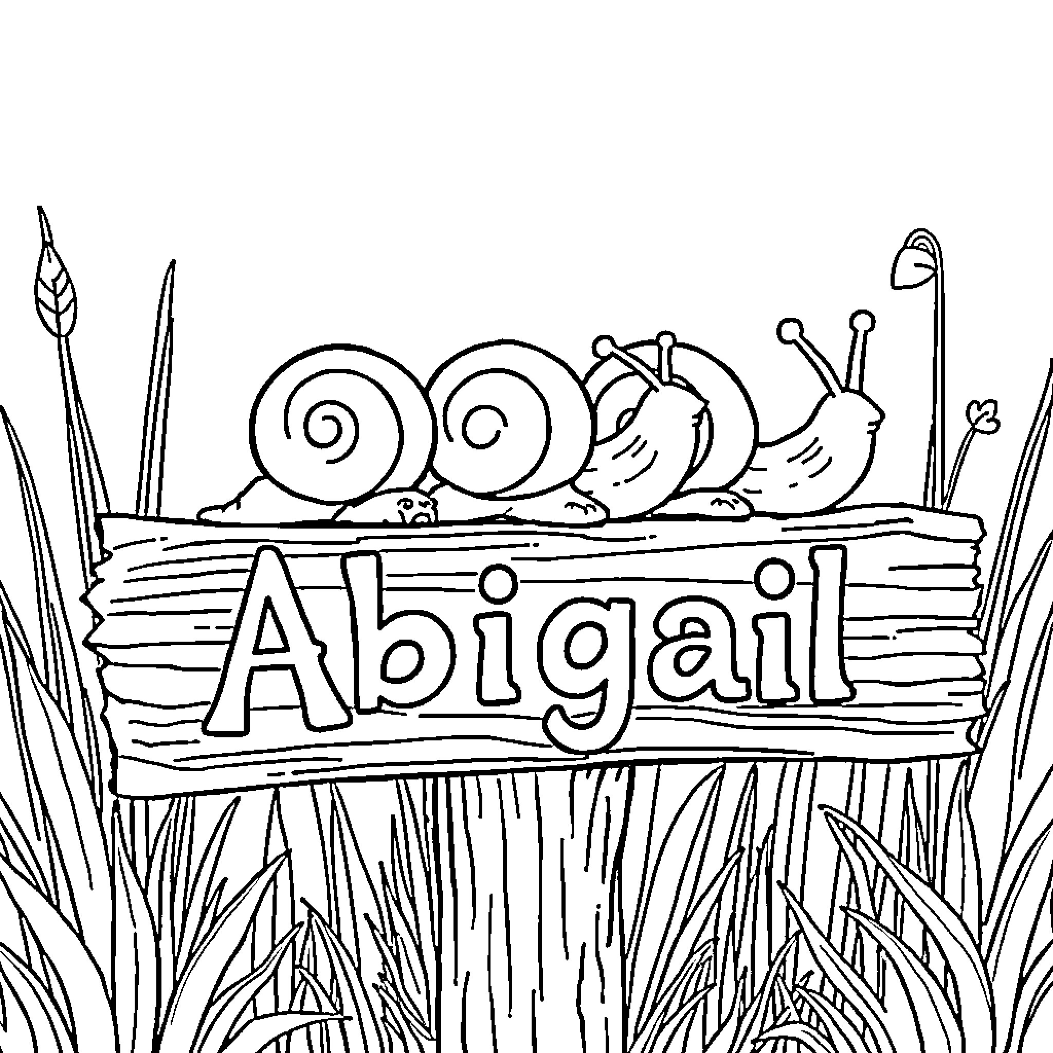 Snail crawling on a sign with name Abigail Coloring Page (free black-and-white line drawing printable PDF for all, from beginners to advanced learners, including children, teens, adults, and seniors)