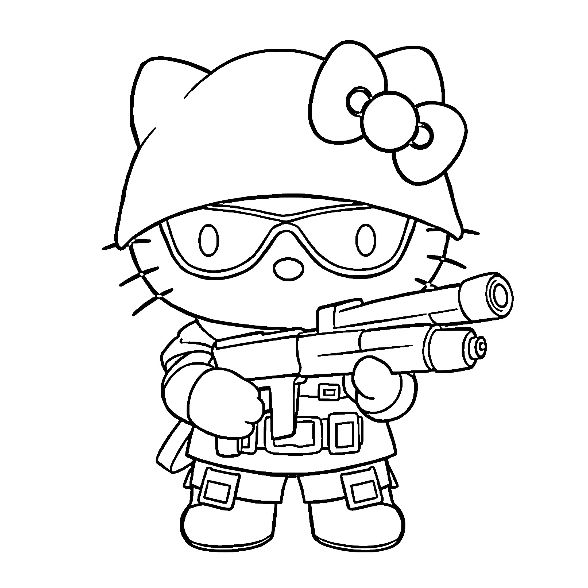 Hello Kitty in Spy Gear Coloring Page (free black-and-white line drawing printable PDF for all, from beginners to advanced learners, including children, teens, adults, and seniors)
