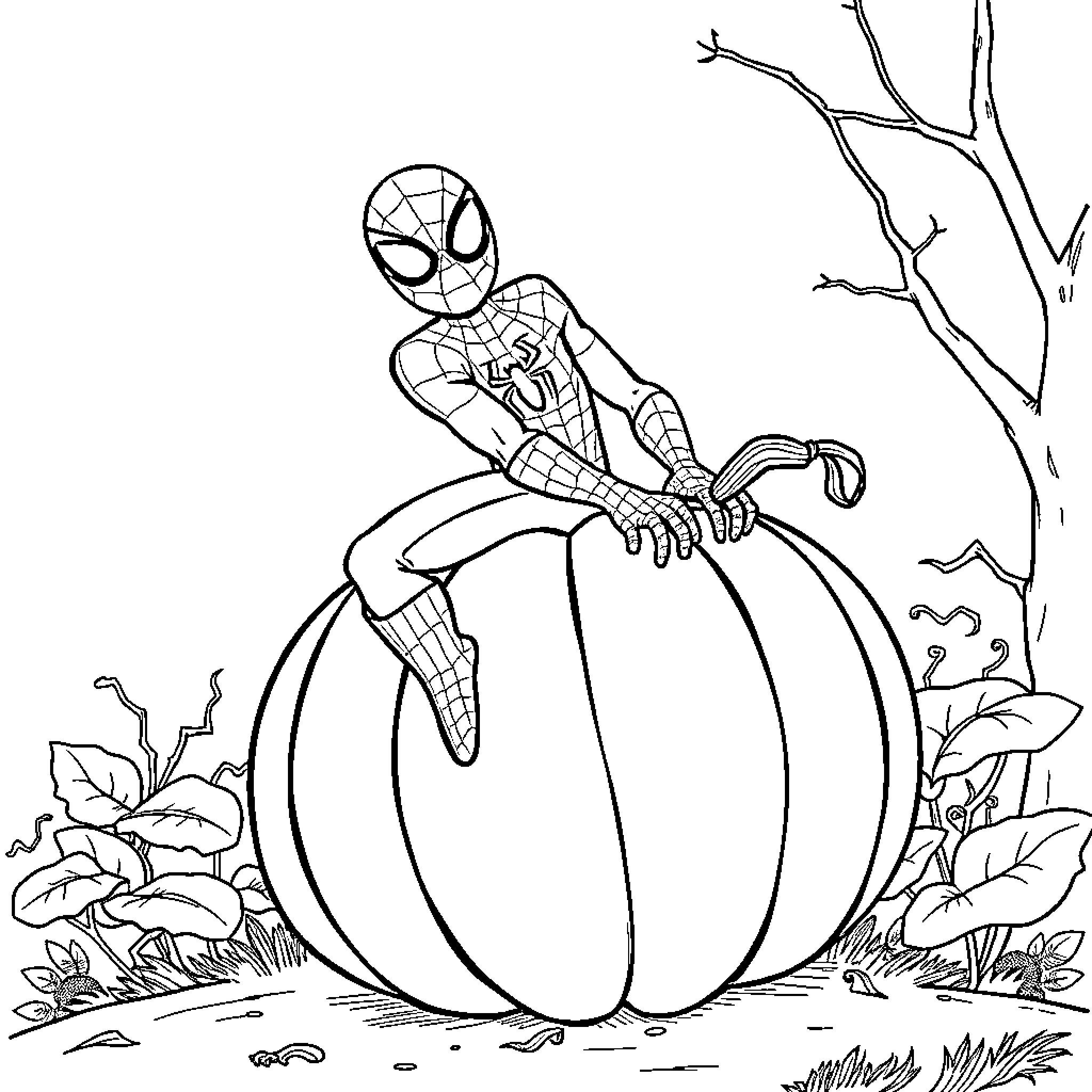 Spider-Man Scaling a Pumpkin Patch Coloring Page (free black-and-white line drawing printable PDF for all, from beginners to advanced learners, including children, teens, adults, and seniors)