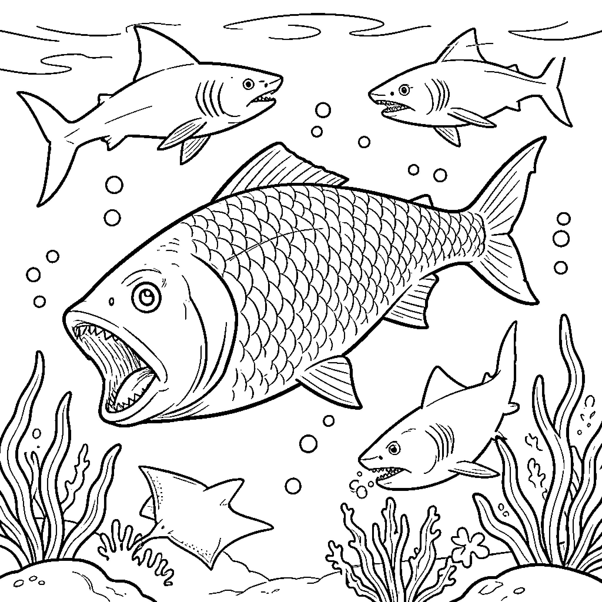 Homme Poisson swimming among sharks and sea creatures Coloring Page (free black-and-white line drawing printable PDF for all, from beginners to advanced learners, including children, teens, adults, and seniors)