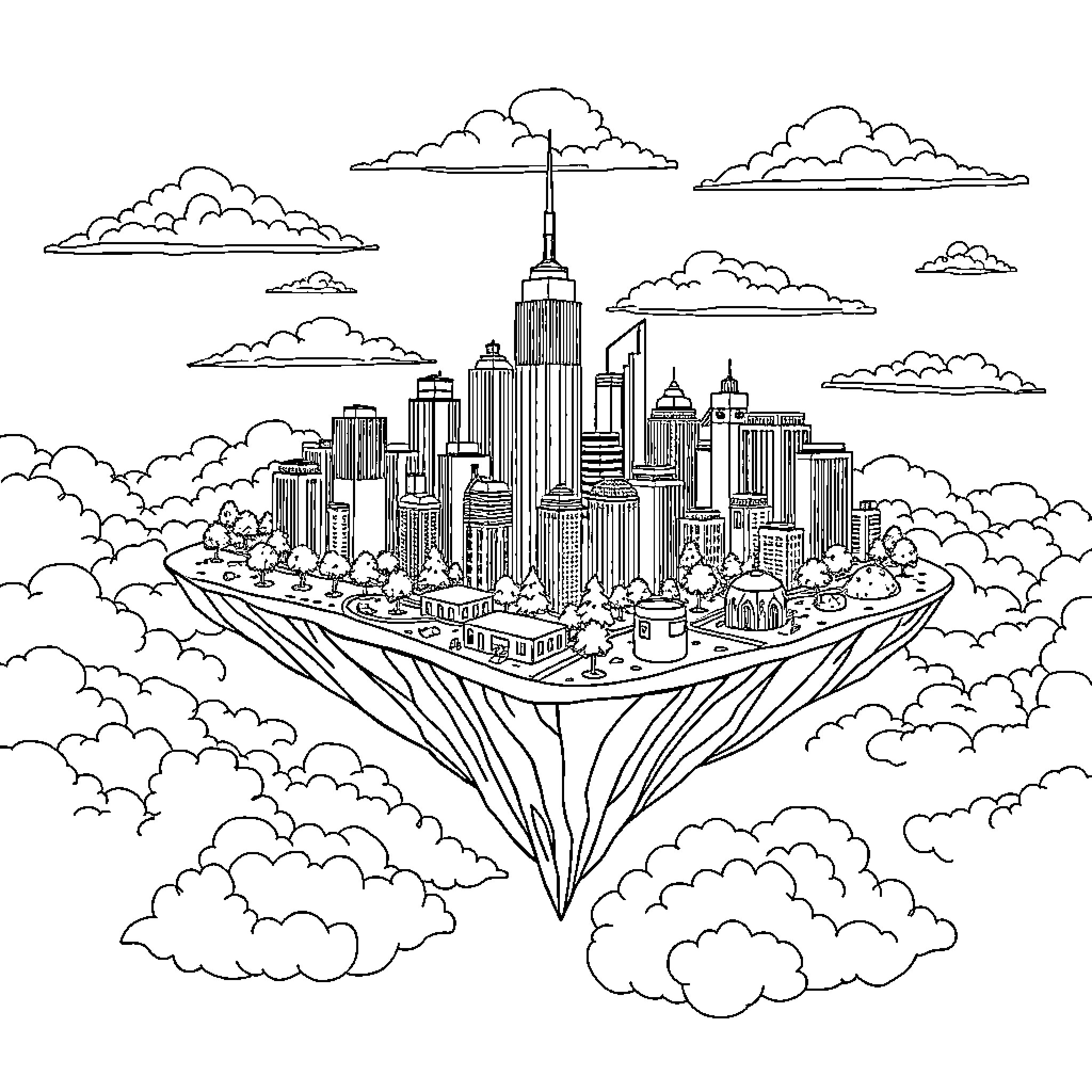 City of Skyscrapers in the Clouds Coloring Page (free black-and-white line drawing printable PDF for all, from beginners to advanced learners, including children, teens, adults, and seniors)