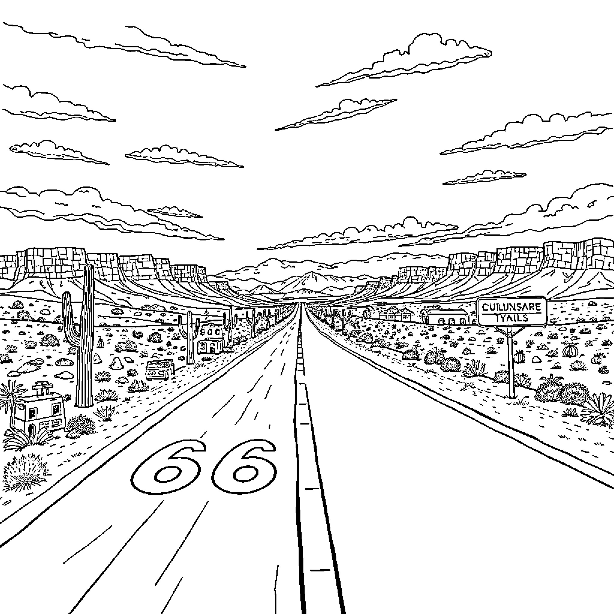 Route 66 through the rugged desert landscape Coloring Page (free black-and-white line drawing printable PDF for all, from beginners to advanced learners, including children, teens, adults, and seniors)