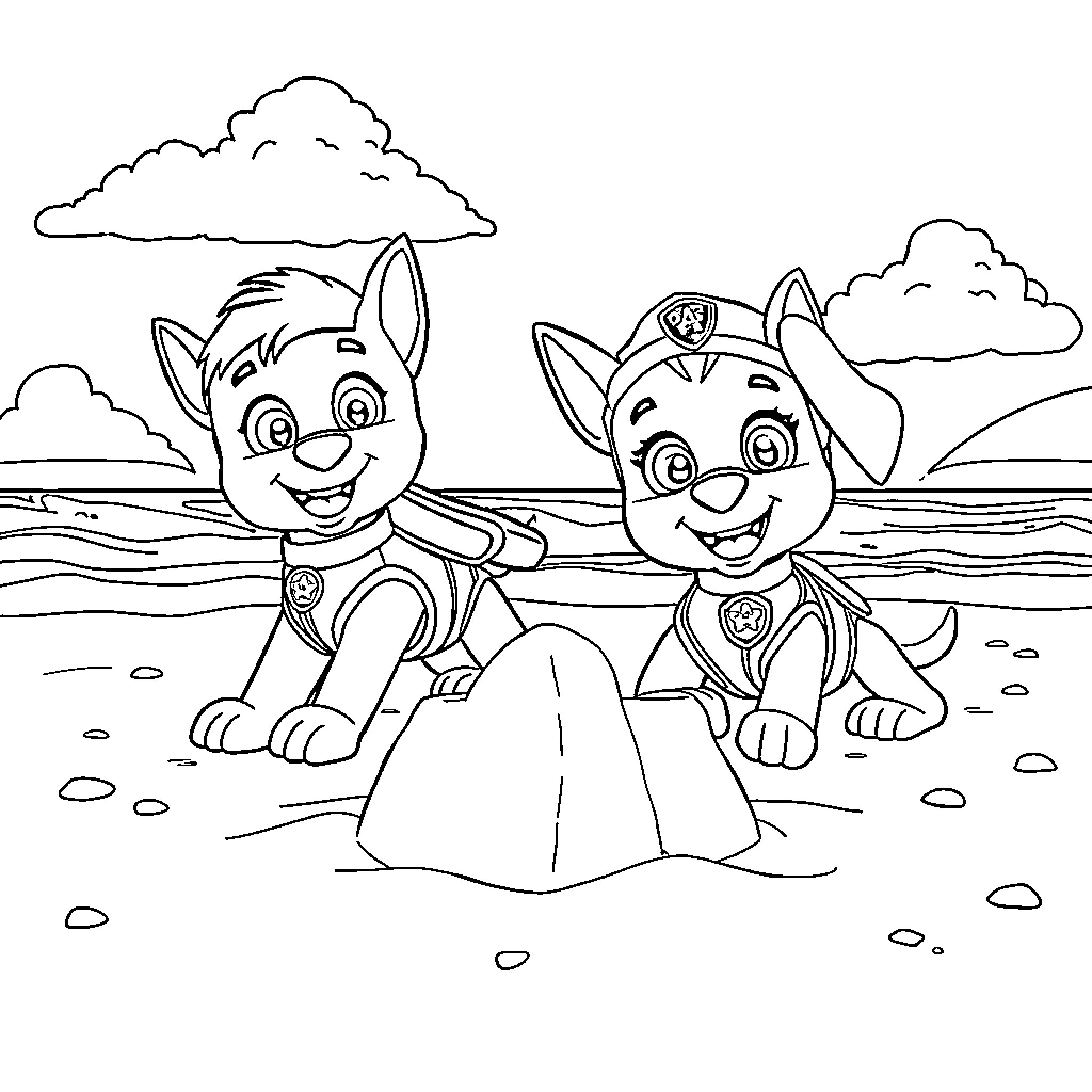 Paw Patrol Puppies Exploring the Outdoors Coloring Page (free black-and-white line drawing printable PDF for all, from beginners to advanced learners, including children, teens, adults, and seniors)