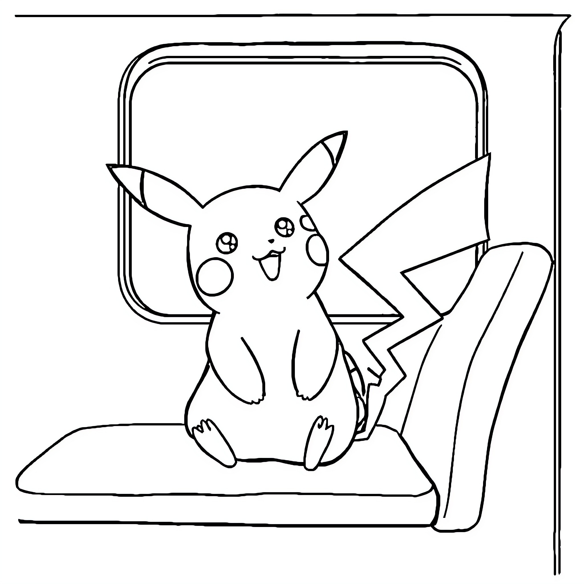 Pikachu playing happily in a frame Coloring Page (free black-and-white line drawing printable PDF for all, from beginners to advanced learners, including children, teens, adults, and seniors)
