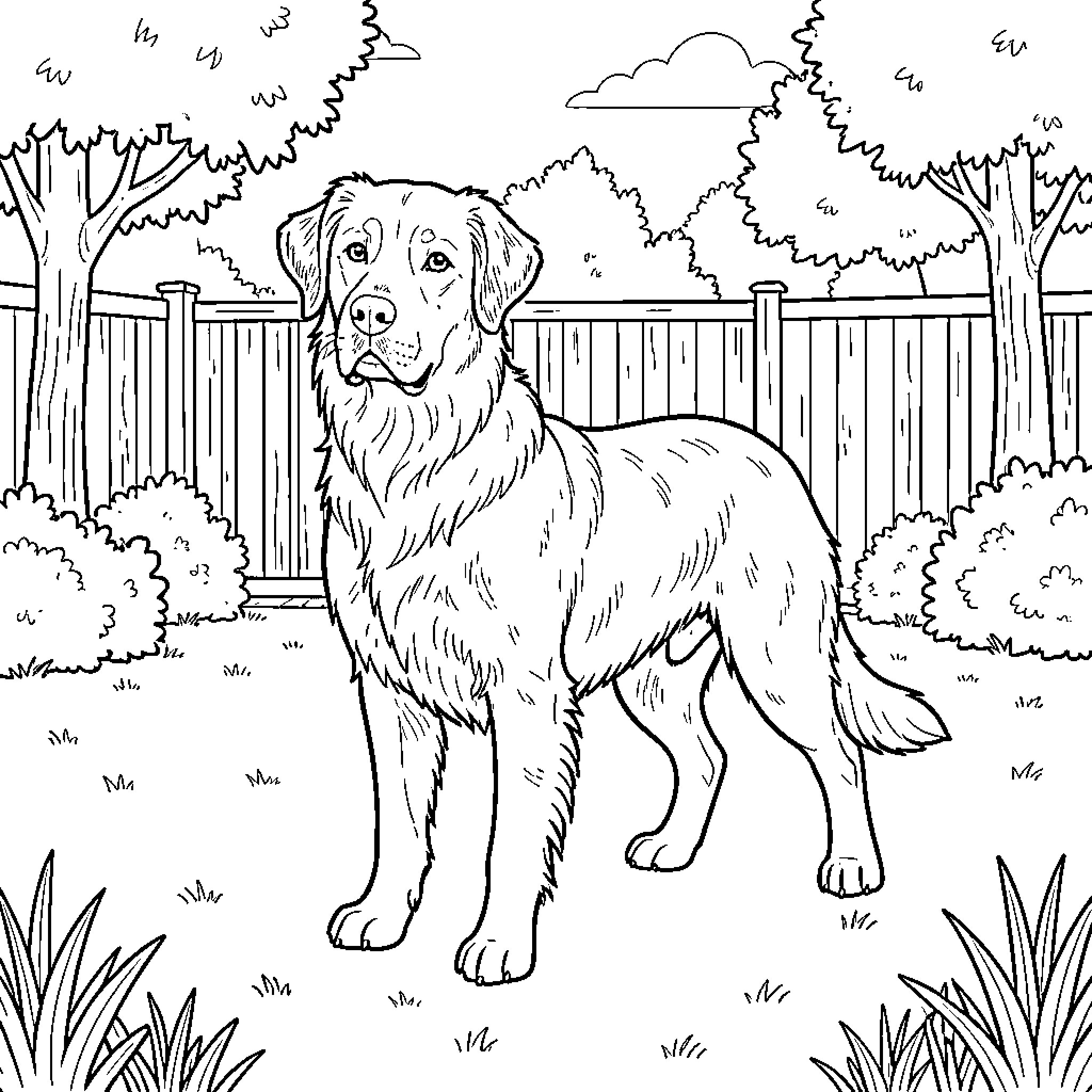 Belgian Sheepdog standing alert in a fenced garden Coloring Page (free black-and-white line drawing printable PDF for all, from beginners to advanced learners, including children, teens, adults, and seniors)