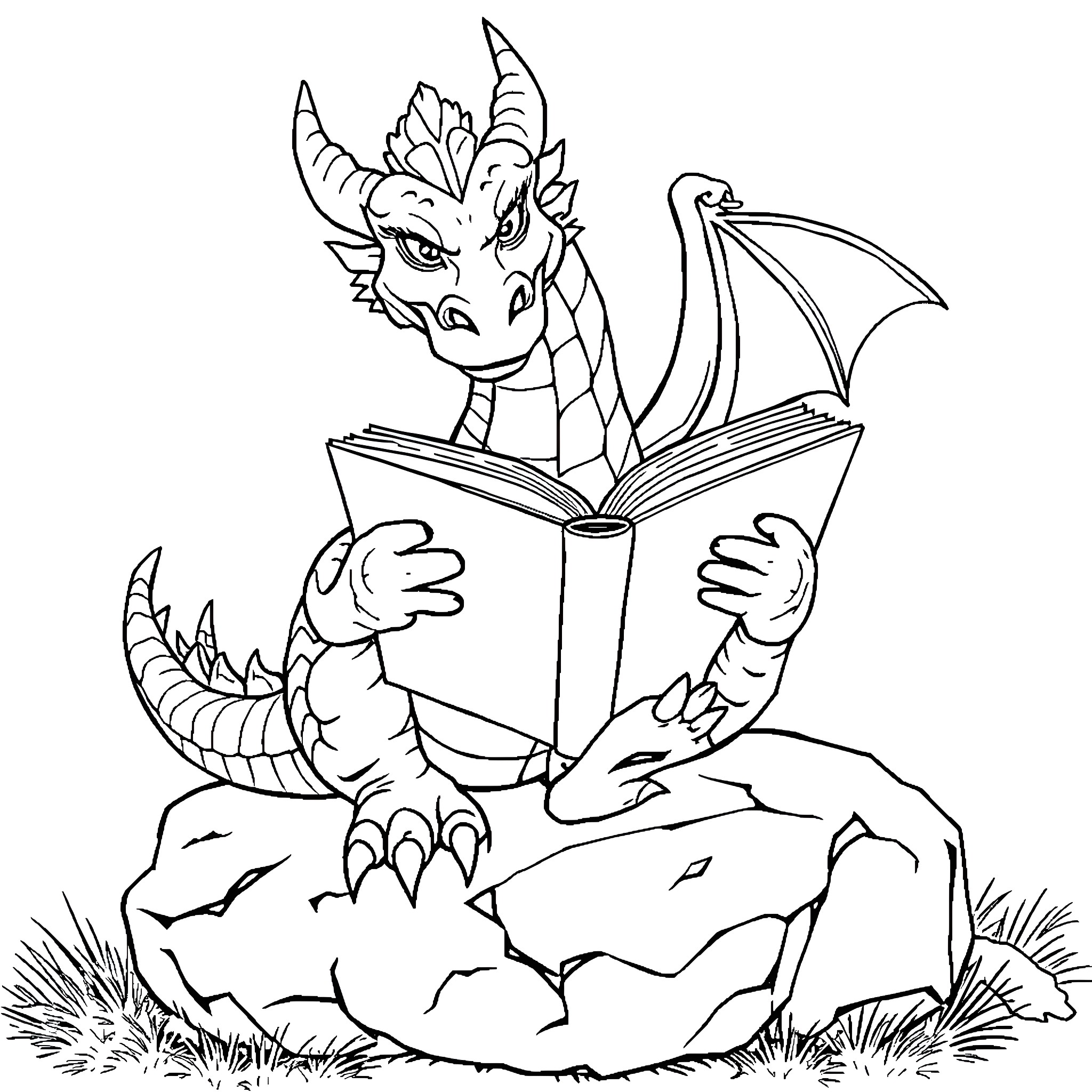 Dragon reading a book on a rocky cliff Coloring Page (free black-and-white line drawing printable PDF for all, from beginners to advanced learners, including children, teens, adults, and seniors)