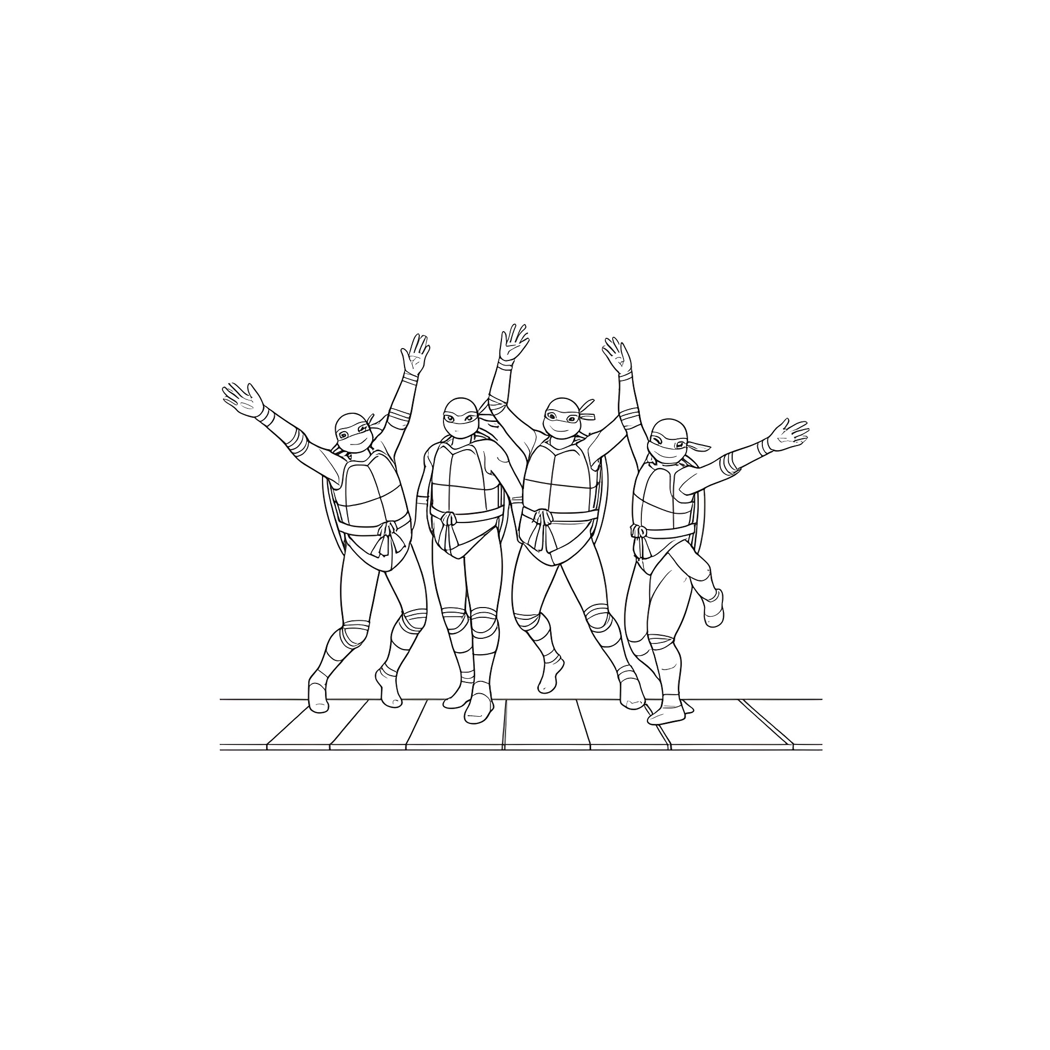 Ninja Turtles celebrate together in space suits Coloring Page (free black-and-white line drawing printable PDF for all, from beginners to advanced learners, including children, teens, adults, and seniors)