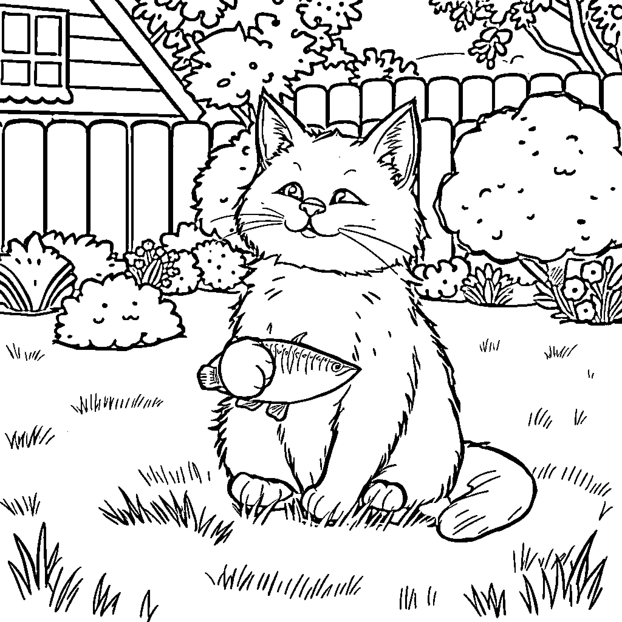 Cat enjoying a fish in the backyard Coloring Page (free black-and-white line drawing printable PDF for all, from beginners to advanced learners, including children, teens, adults, and seniors)