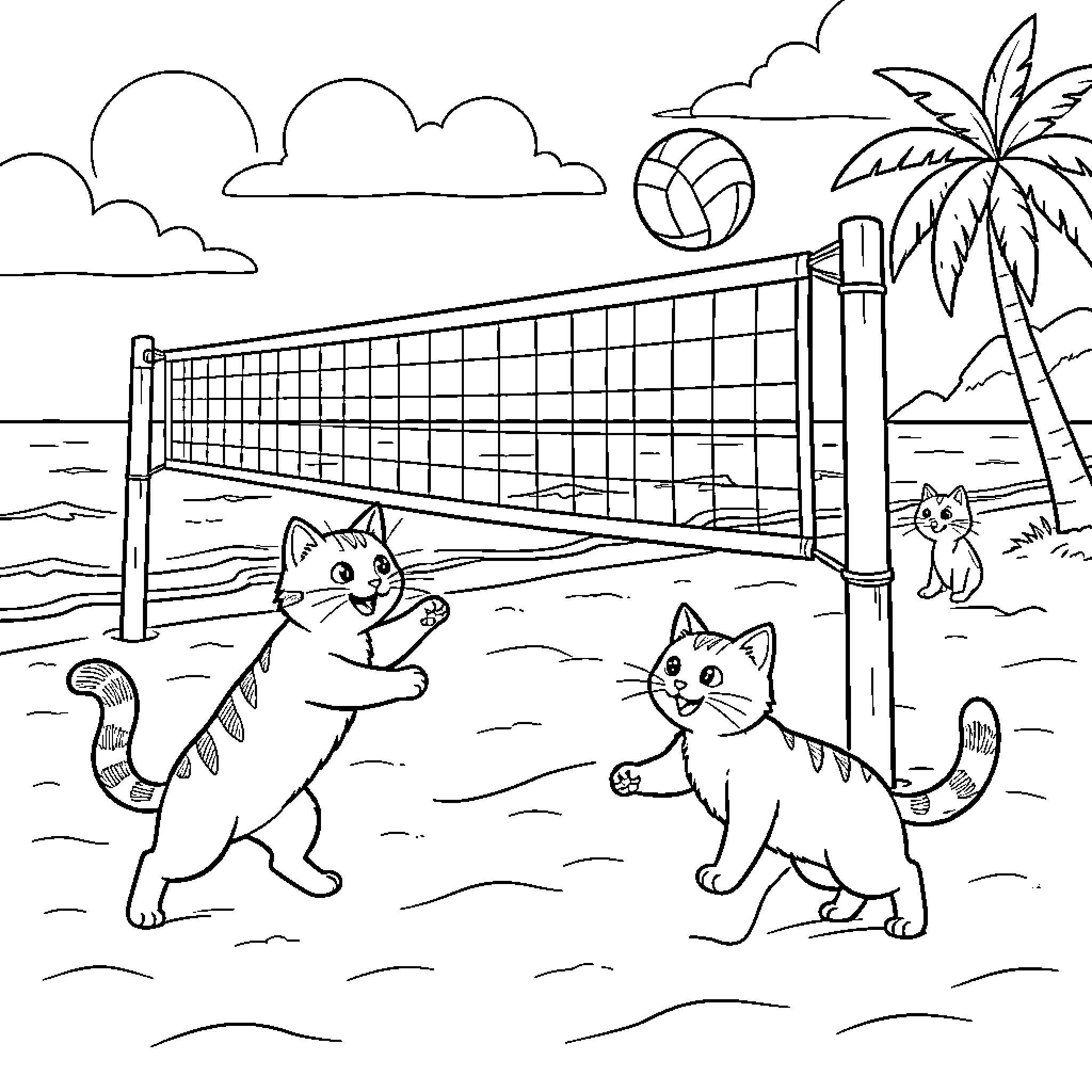 Cats playing volleyball on the beach Coloring Page (free black-and-white line drawing printable PDF for all, from beginners to advanced learners, including children, teens, adults, and seniors)