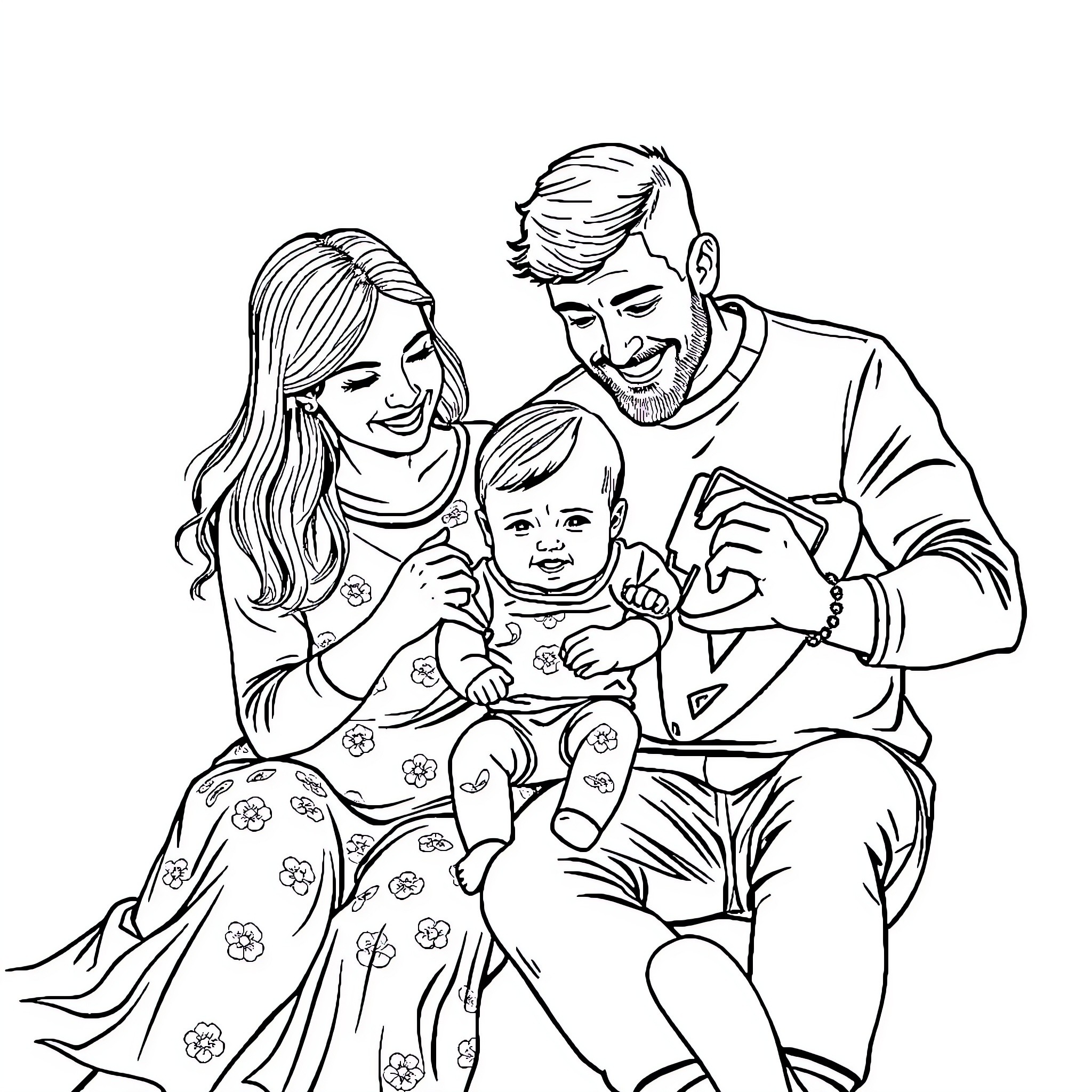 Family enjoying quality time together Coloring Page (free black-and-white line drawing printable PDF for all, from beginners to advanced learners, including children, teens, adults, and seniors)