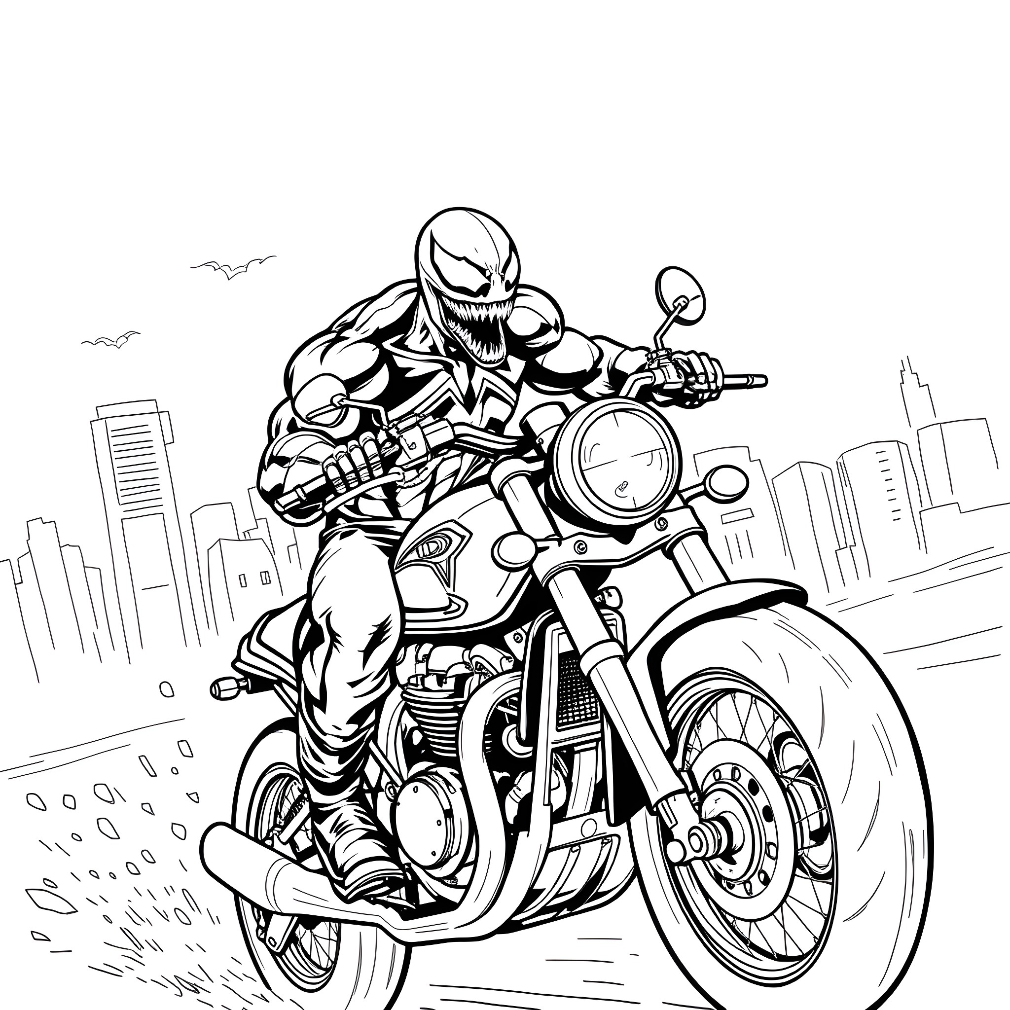Venom riding a motorcycle through the city Coloring Page (free black-and-white line drawing printable PDF for all, from beginners to advanced learners, including children, teens, adults, and seniors)