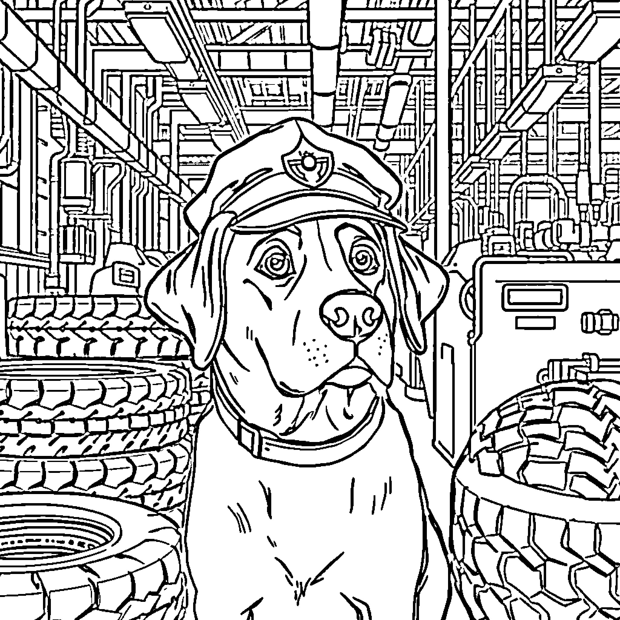 Lab Dog in Automotive Repair Shop Coloring Page (free black-and-white line drawing printable PDF for all, from beginners to advanced learners, including children, teens, adults, and seniors)