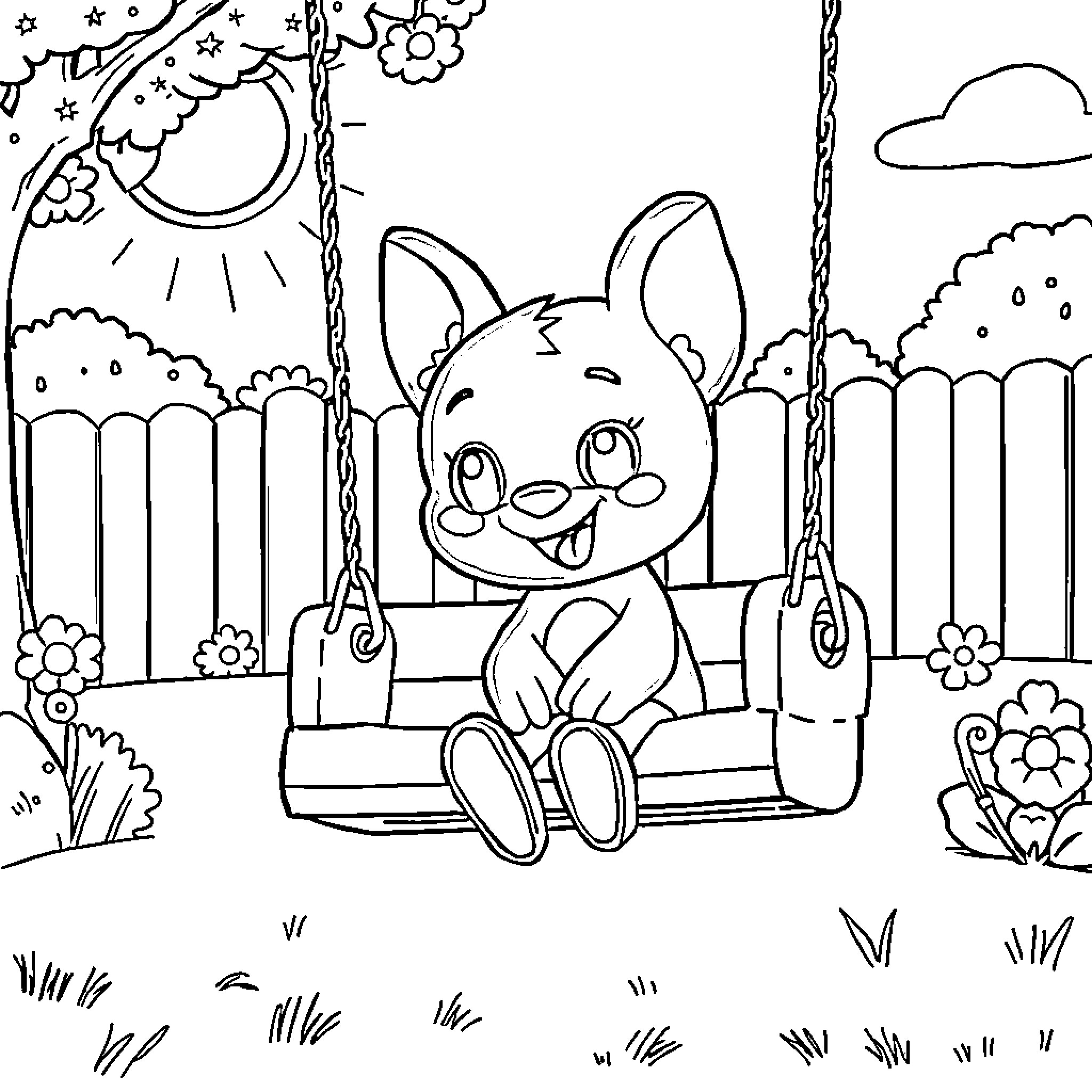 Bluey playing happily on a swing in the park Coloring Page (free black-and-white line drawing printable PDF for all, from beginners to advanced learners, including children, teens, adults, and seniors)