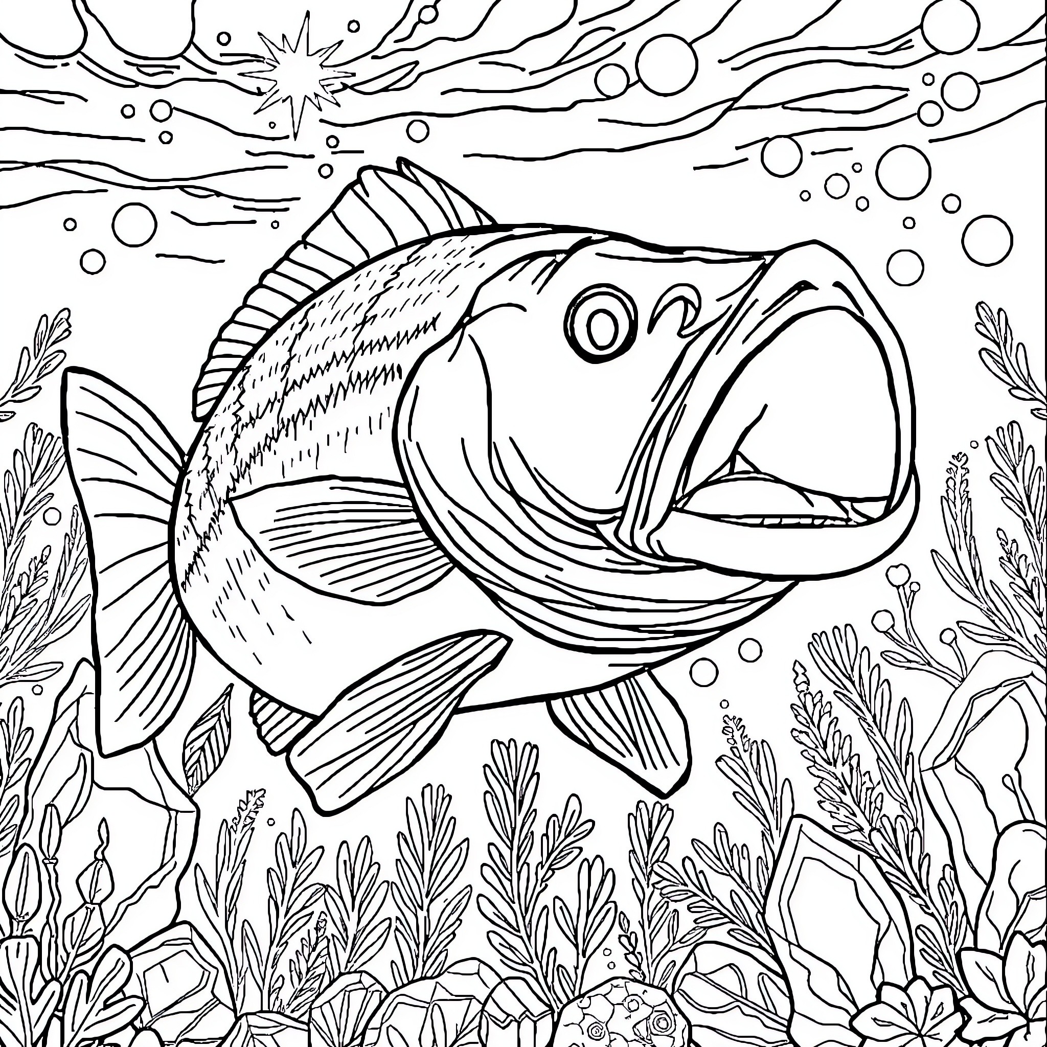 Large Mouth Bass swimming in underwater seascape Coloring Page (free black-and-white line drawing printable PDF for all, from beginners to advanced learners, including children, teens, adults, and seniors)