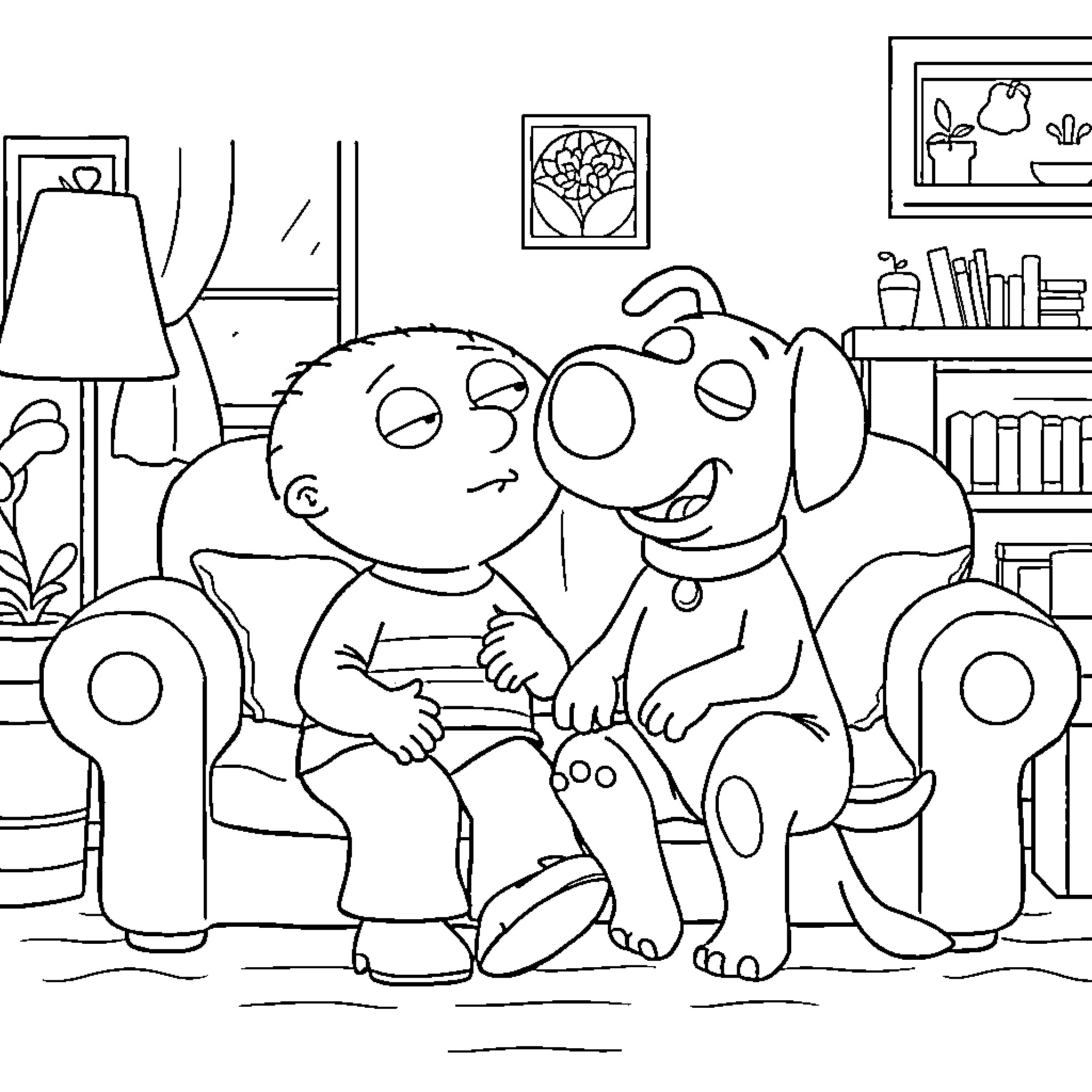 Stewie and his dog enjoying a quiet moment together Coloring Page (free black-and-white line drawing printable PDF for all, from beginners to advanced learners, including children, teens, adults, and seniors)