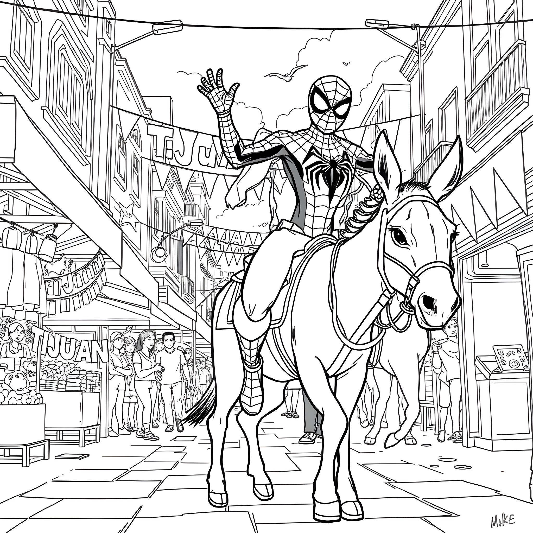 Spider-Man Swinging Through City on a Horse Coloring Page (free black-and-white line drawing printable PDF for all, from beginners to advanced learners, including children, teens, adults, and seniors)