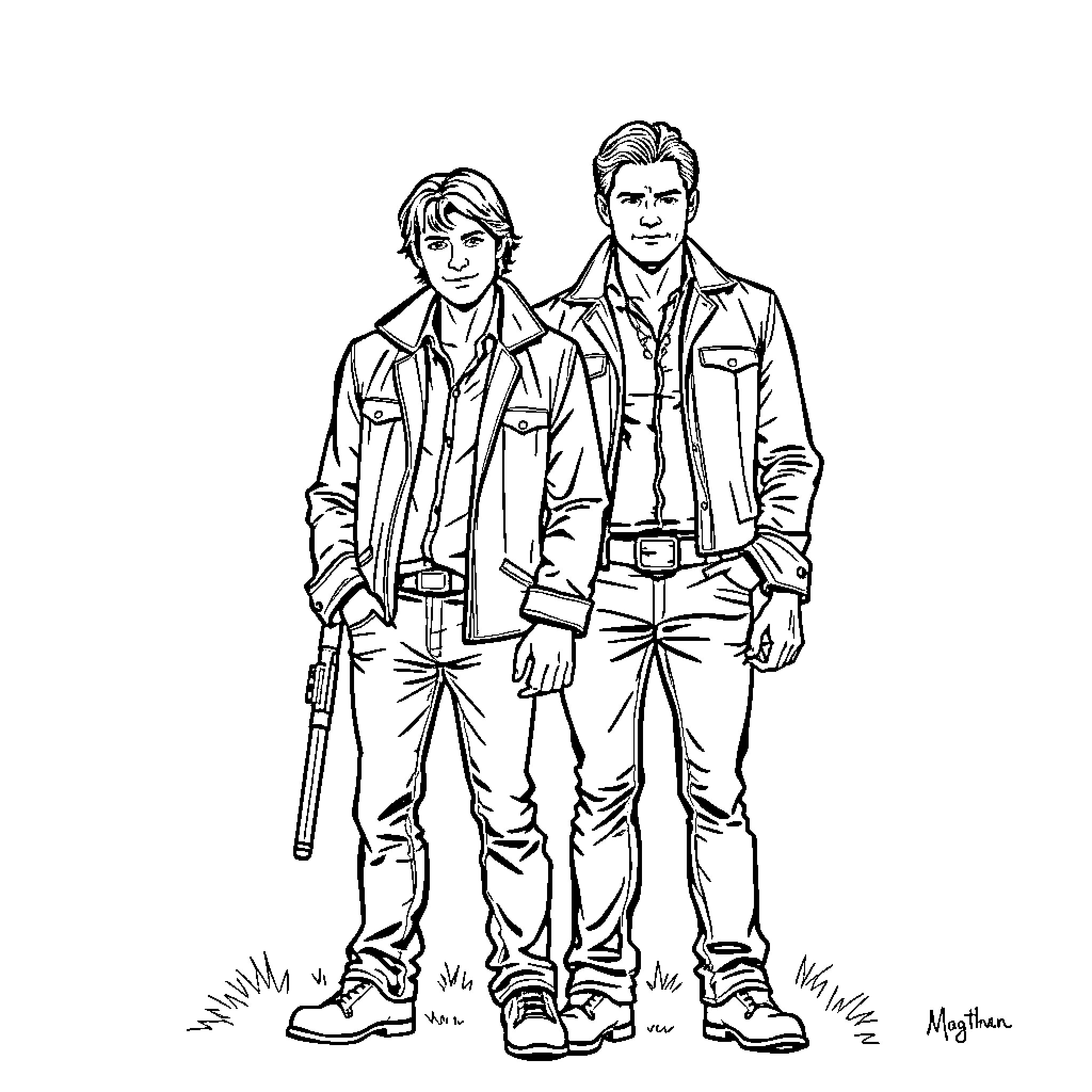 Winchester Brothers in Casual Attire Coloring Page (free black-and-white line drawing printable PDF for all, from beginners to advanced learners, including children, teens, adults, and seniors)