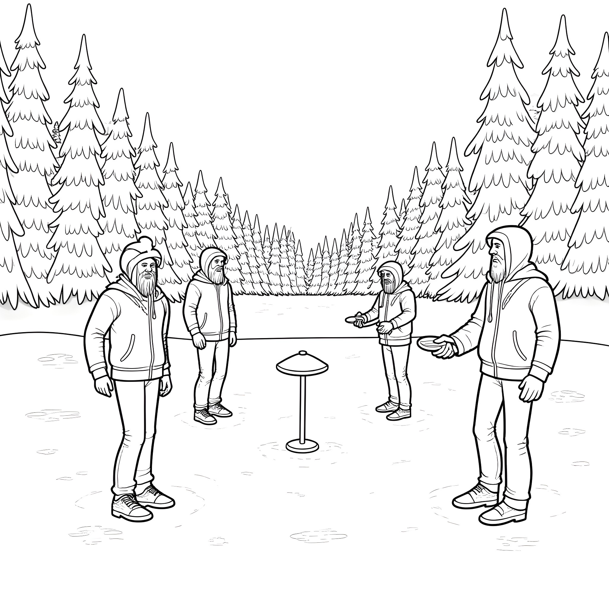 Band of people gathered in snowy forest Coloring Page (free black-and-white line drawing printable PDF for all, from beginners to advanced learners, including children, teens, adults, and seniors)