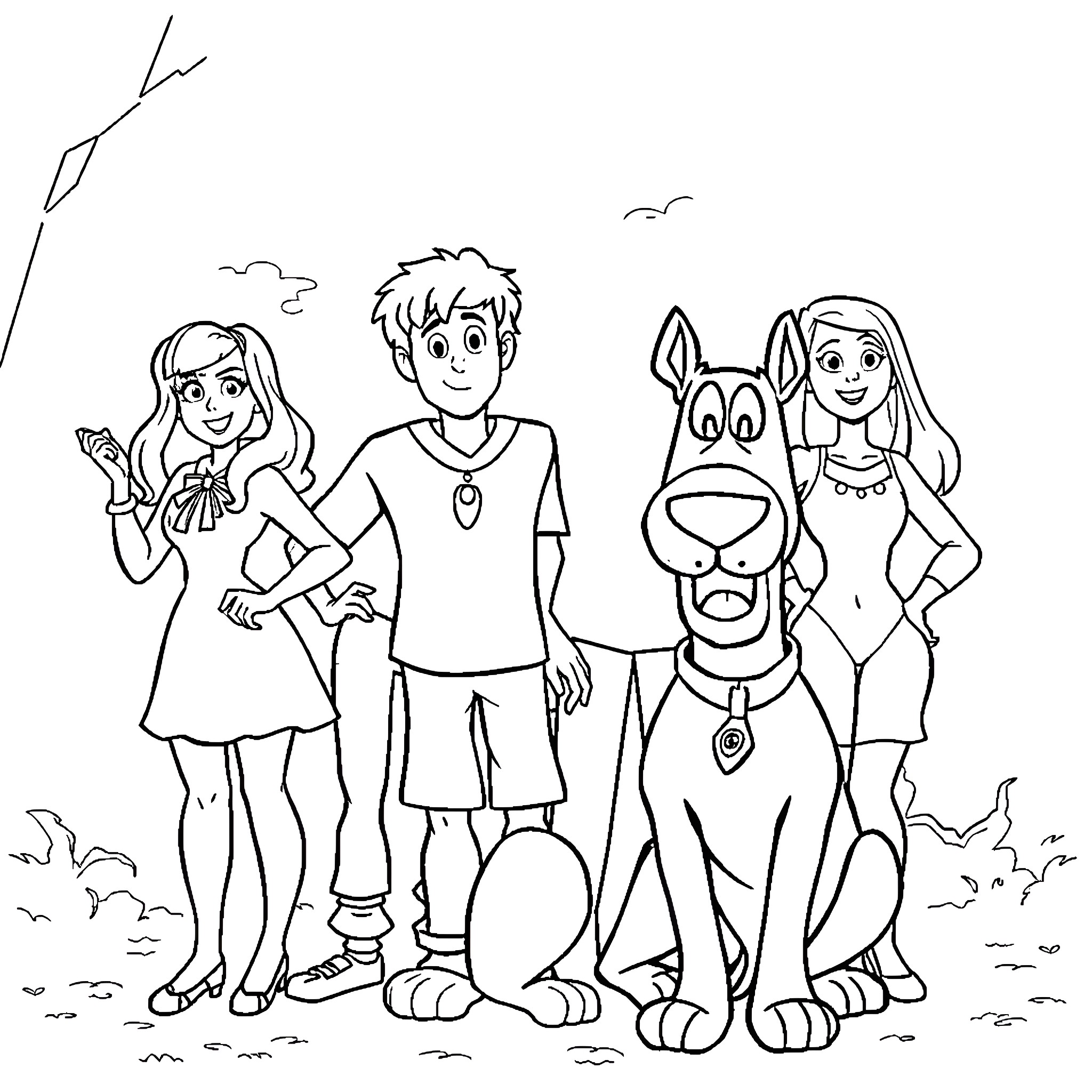 Scooby Doo and the Gang on an Adventure Coloring Page (free black-and-white line drawing printable PDF for all, from beginners to advanced learners, including children, teens, adults, and seniors)