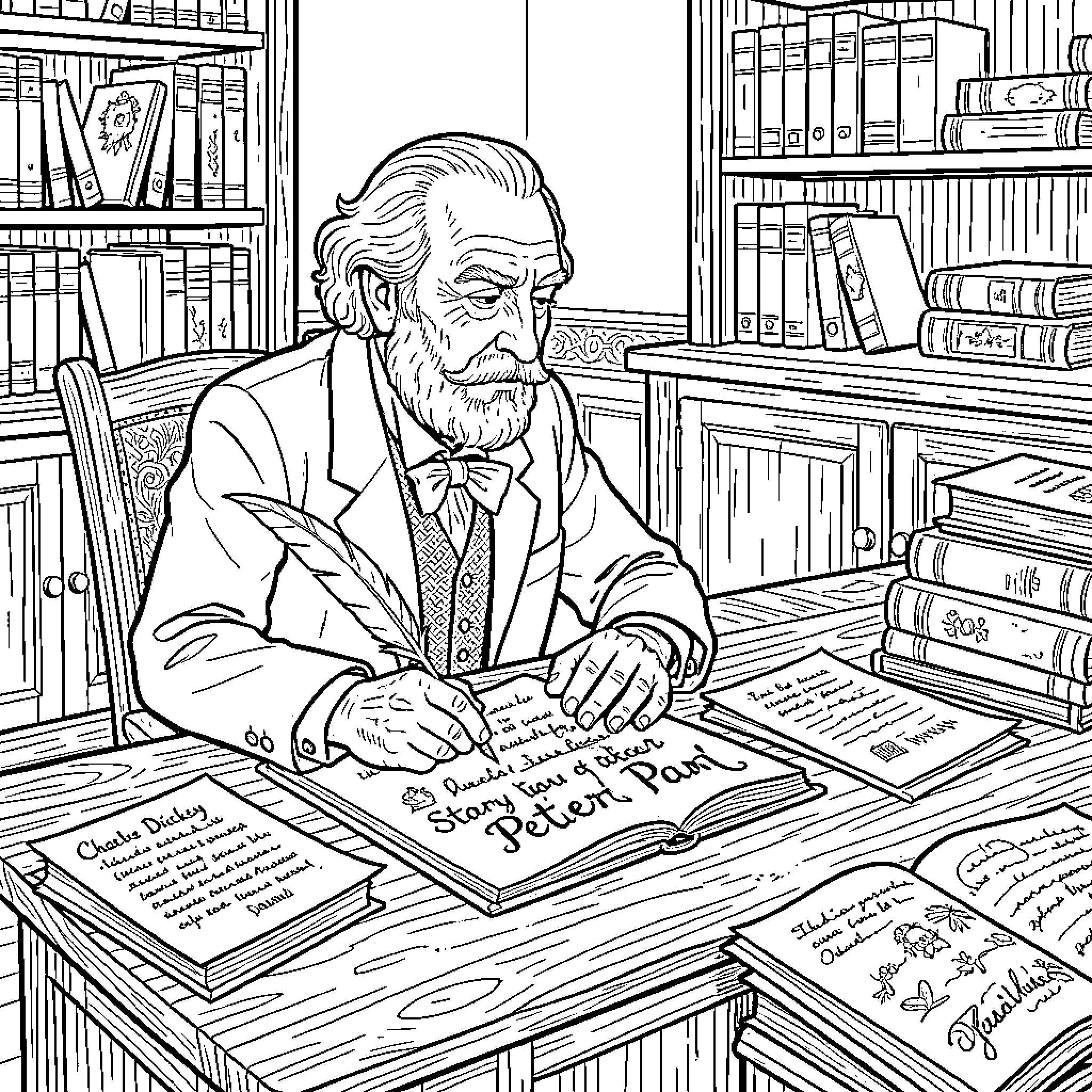 Charles Dickens writing intently at a desk with books Coloring Page (free black-and-white line drawing printable PDF for all, from beginners to advanced learners, including children, teens, adults, and seniors)